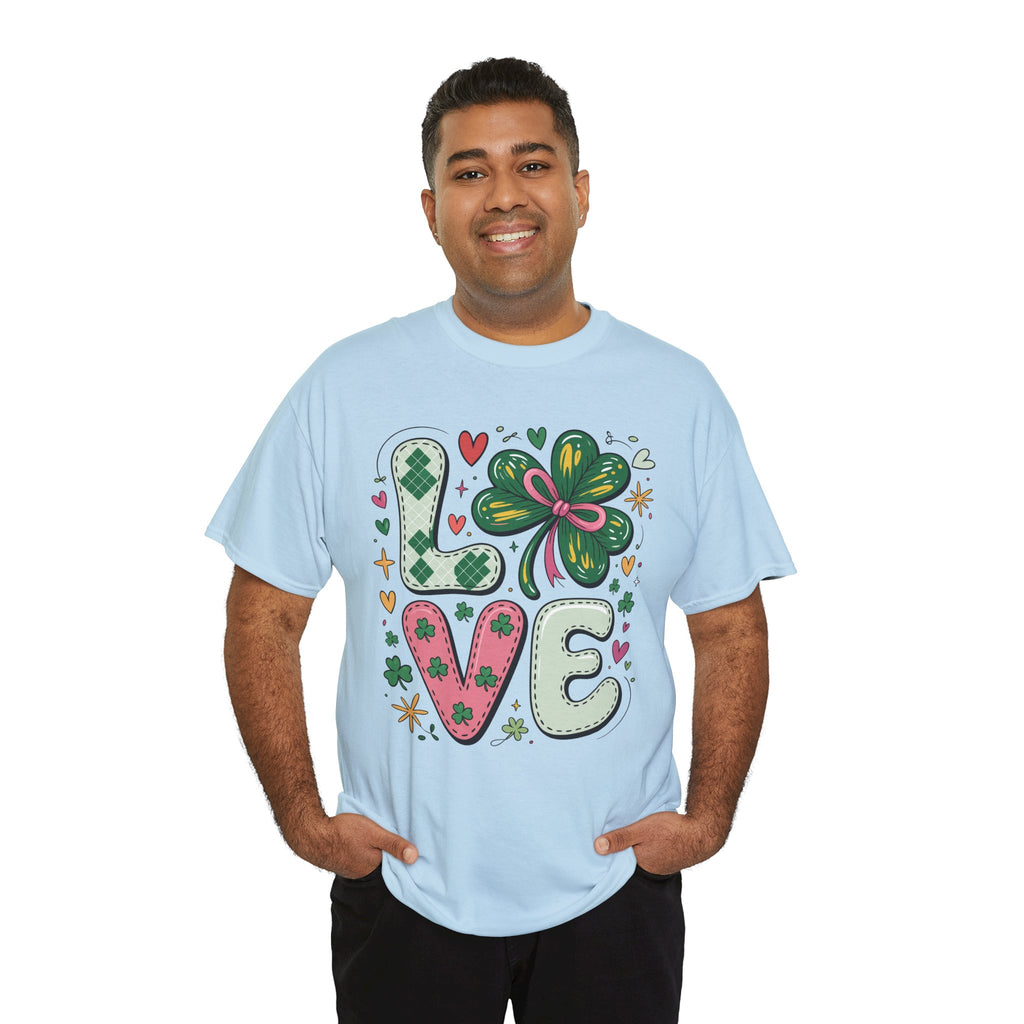 Stitched Clover 'LOVE' Tee — Heart & Patchwork St. Patrick's Unisex Cotton T-Shirt