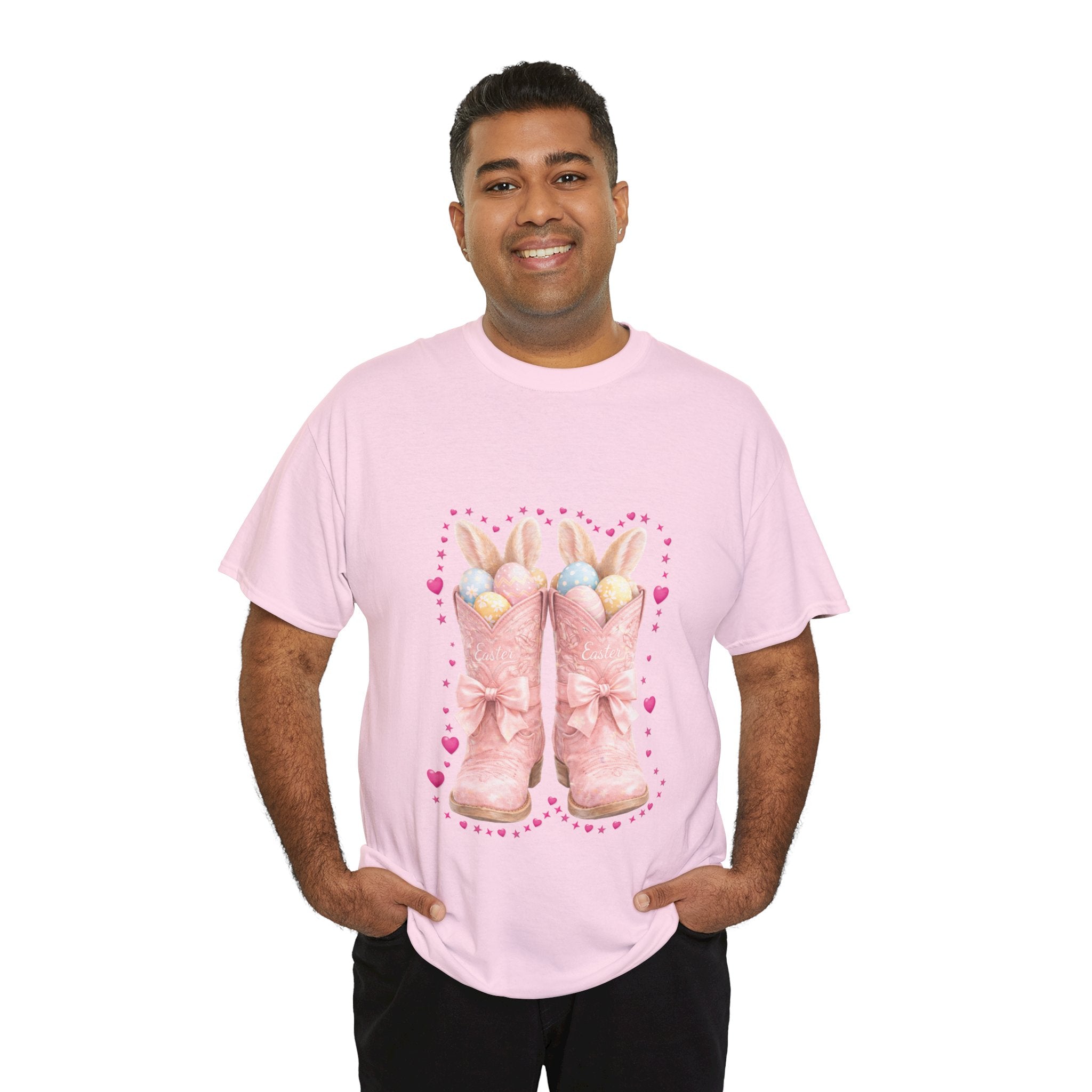 Easter Pink Western Boots Tee — Pastel Bunny Eggs & Bows Unisex Cotton Tee