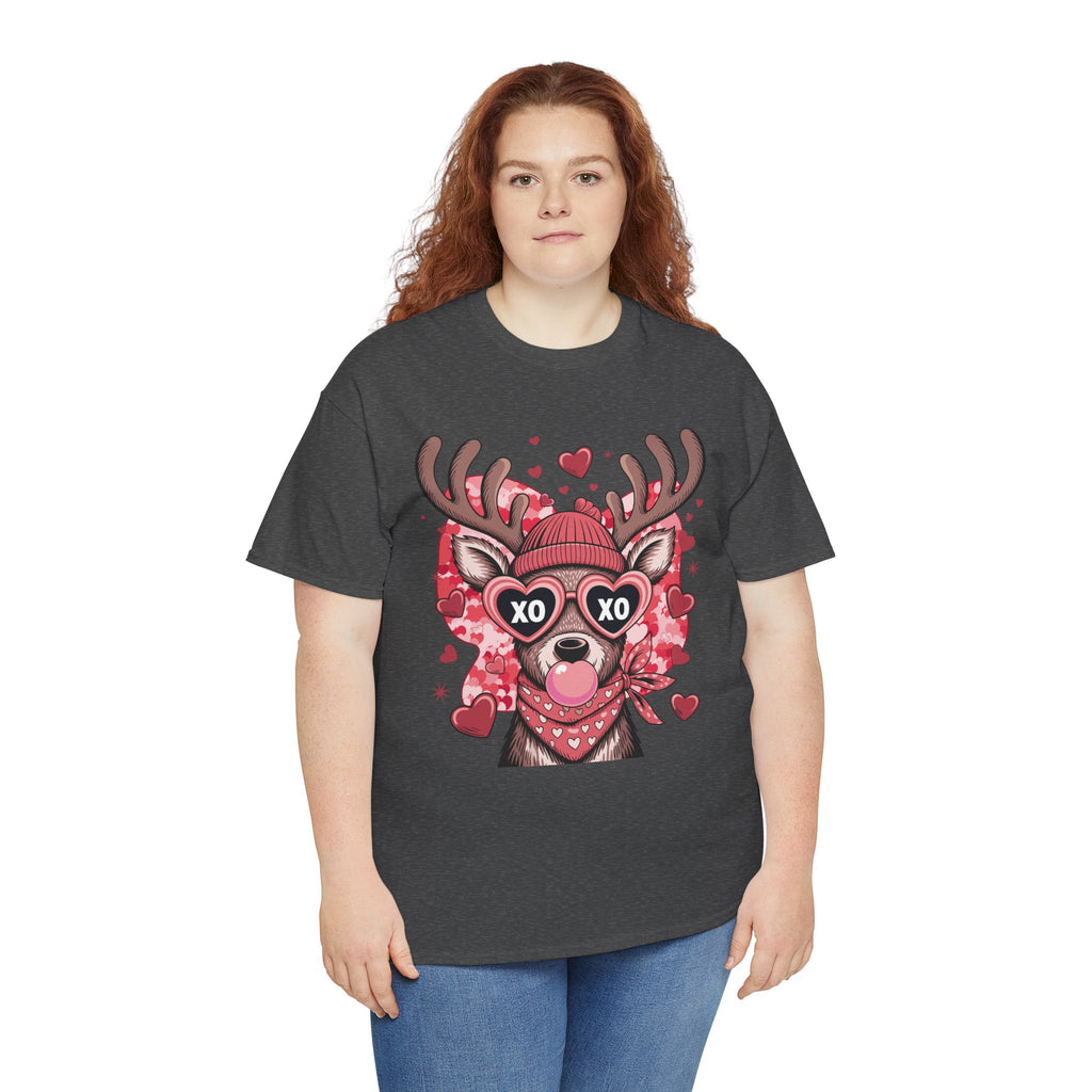 Valentine Deer Tee — Cute XO Heart Glasses, Beanie & Scarf Unisex Cotton Tshirt