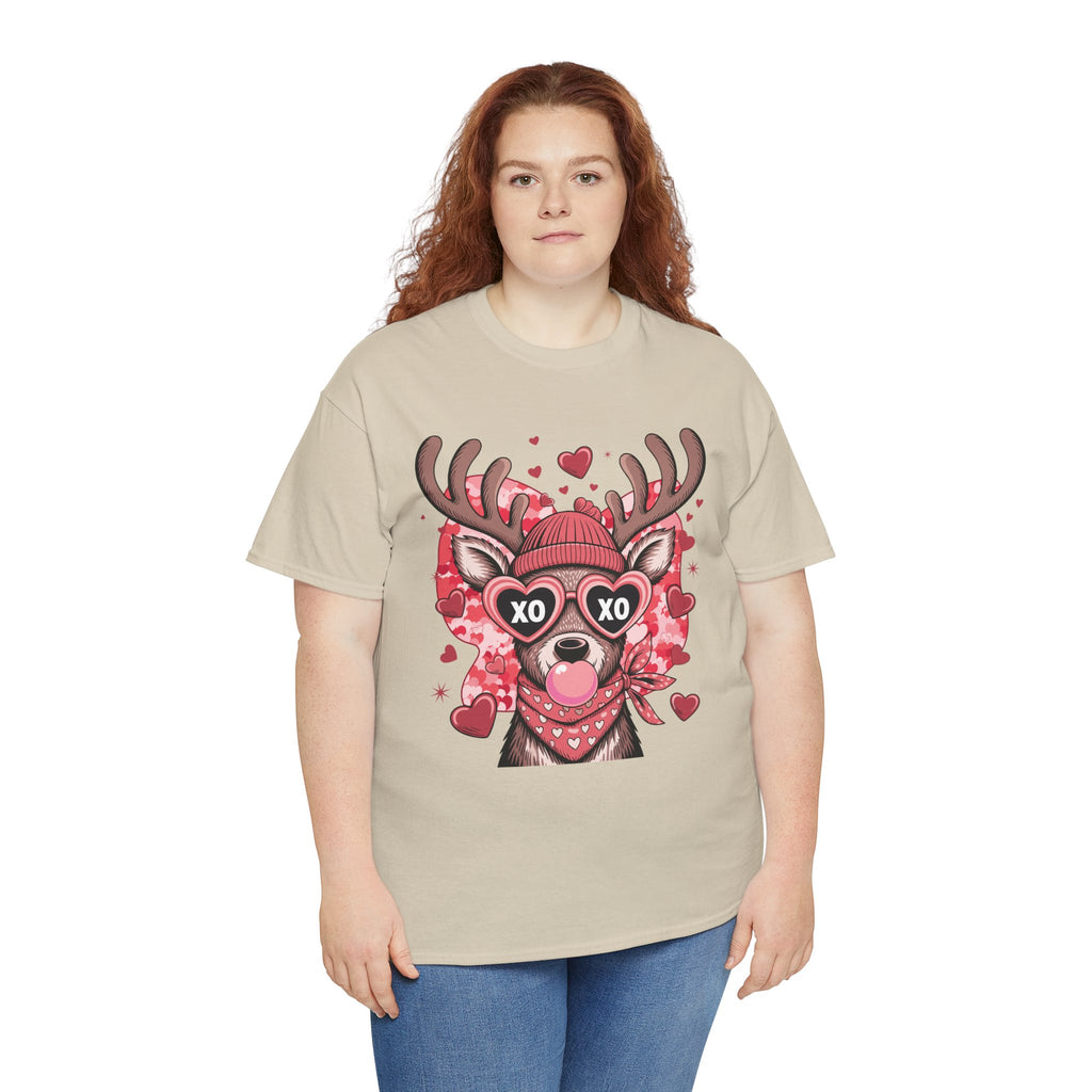Valentine Deer Tee — Cute XO Heart Glasses, Beanie & Scarf Unisex Cotton Tshirt
