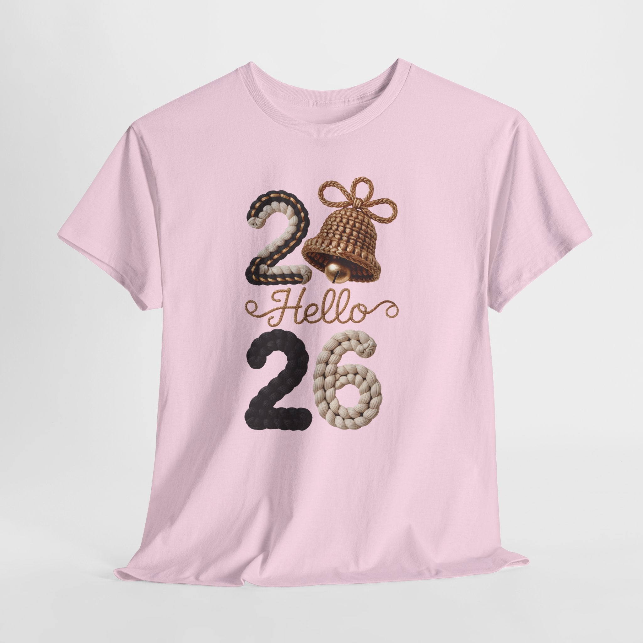Hello 2026 Tee — Cozy Faux Yarn Braided Numbers with Woven Golden Bell..Unisex Cotton Tee