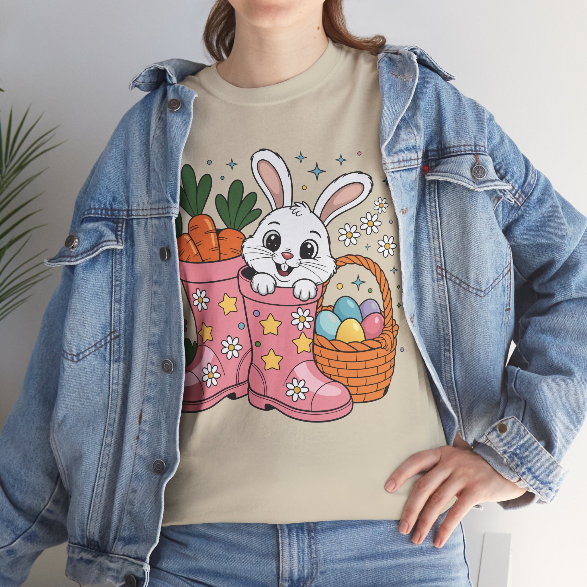 Easter Bunny in Pink Rain Boots T-Shirt — Cartoon Bunny, Carrots & Colorful Eggs Unisex Cotton Tee