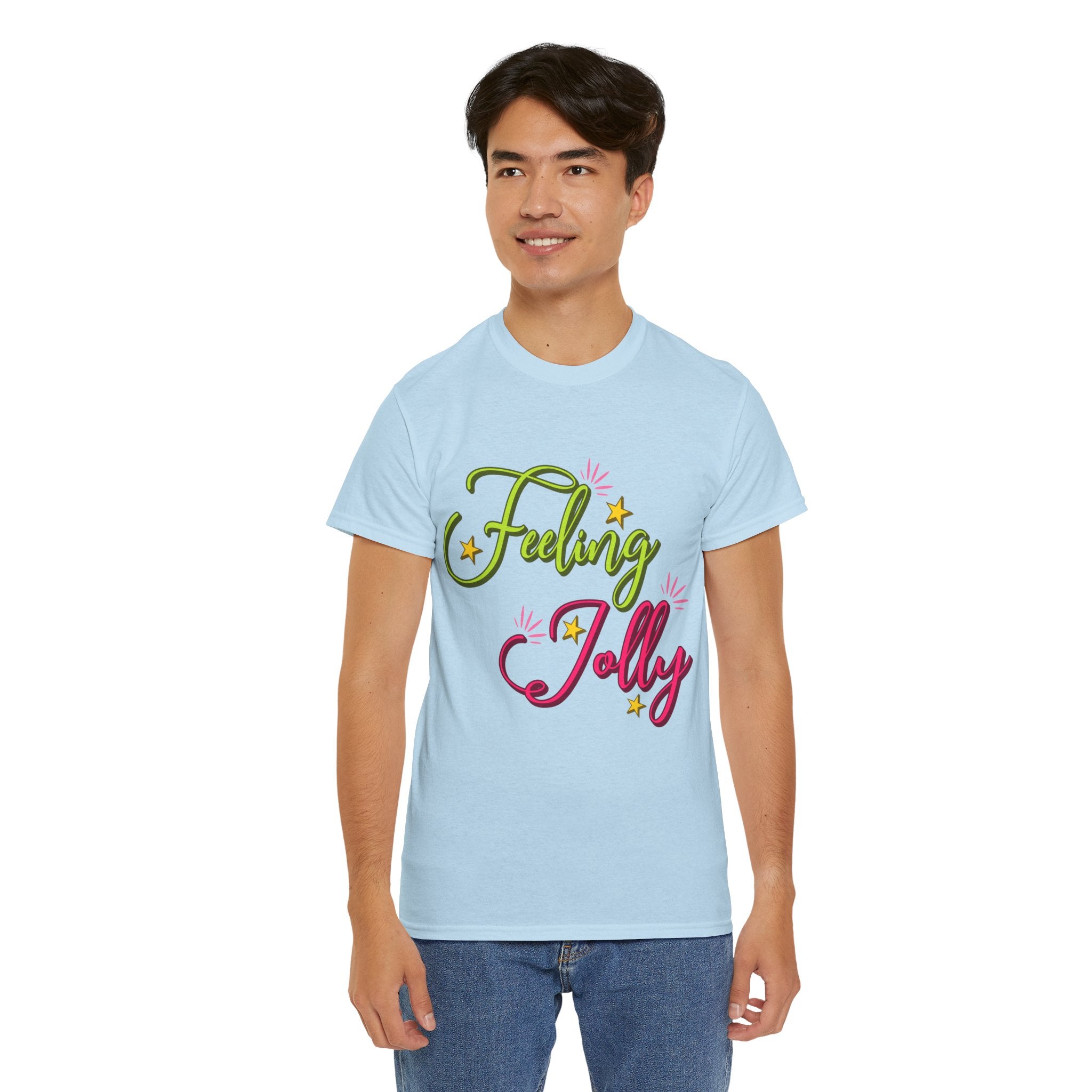 Feeling Jolly Tee — Festive Green & Pink Script with Yellow Stars Unisex Cotton Tee