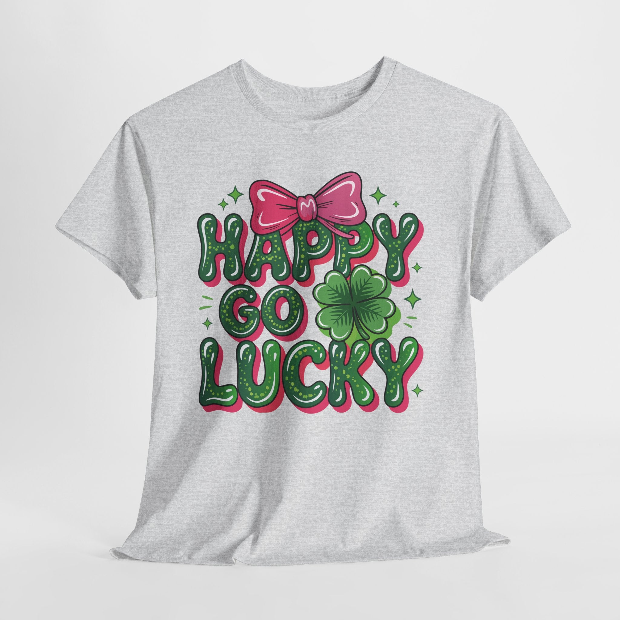 Happy Go Lucky Four-Leaf Clover Tee — Glossy Green Letters & Pink Bow Unisex Cotton Tee
