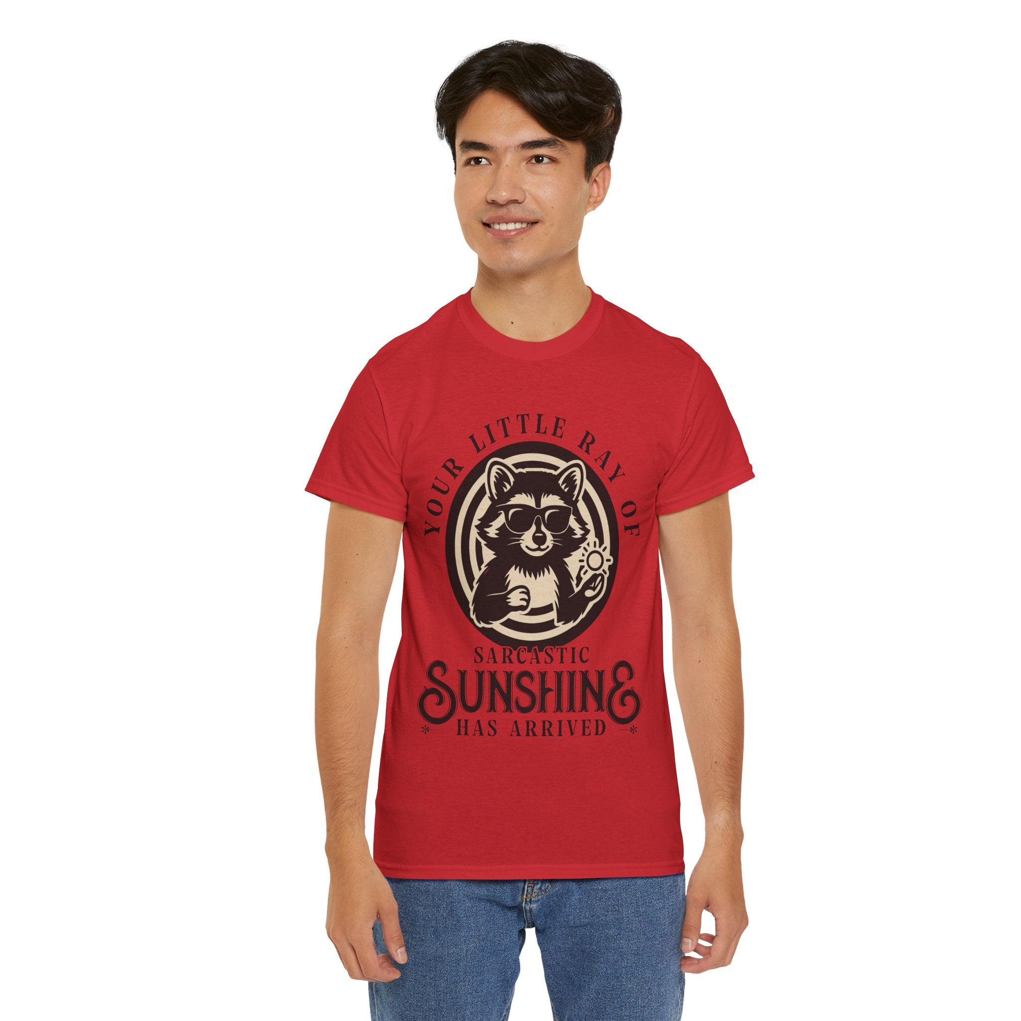 Cool Raccoon Sunglasses T-Shirt — Raccoon Holding Sun Graphic Unisex Cotton Tee