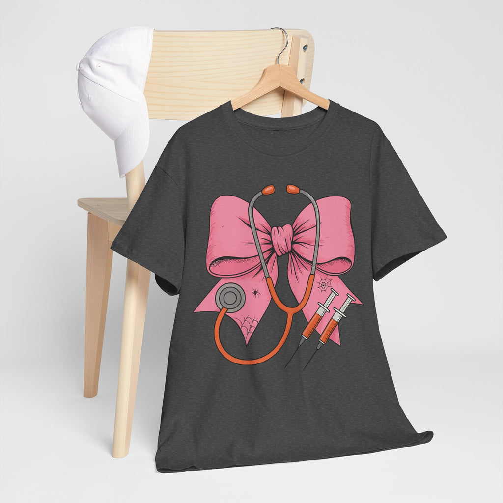 Halloween Nurse T‑Shirt — Pink Nurse Bow with Stethoscope, Syringes & Spider Webs..Unisex Cotton Tee