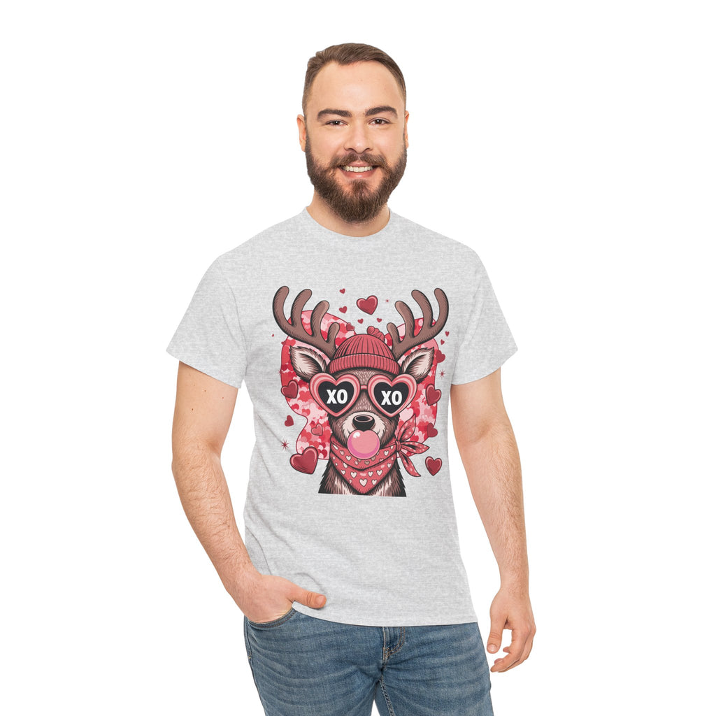 Valentine Deer Tee — Cute XO Heart Glasses, Beanie & Scarf Unisex Cotton Tshirt