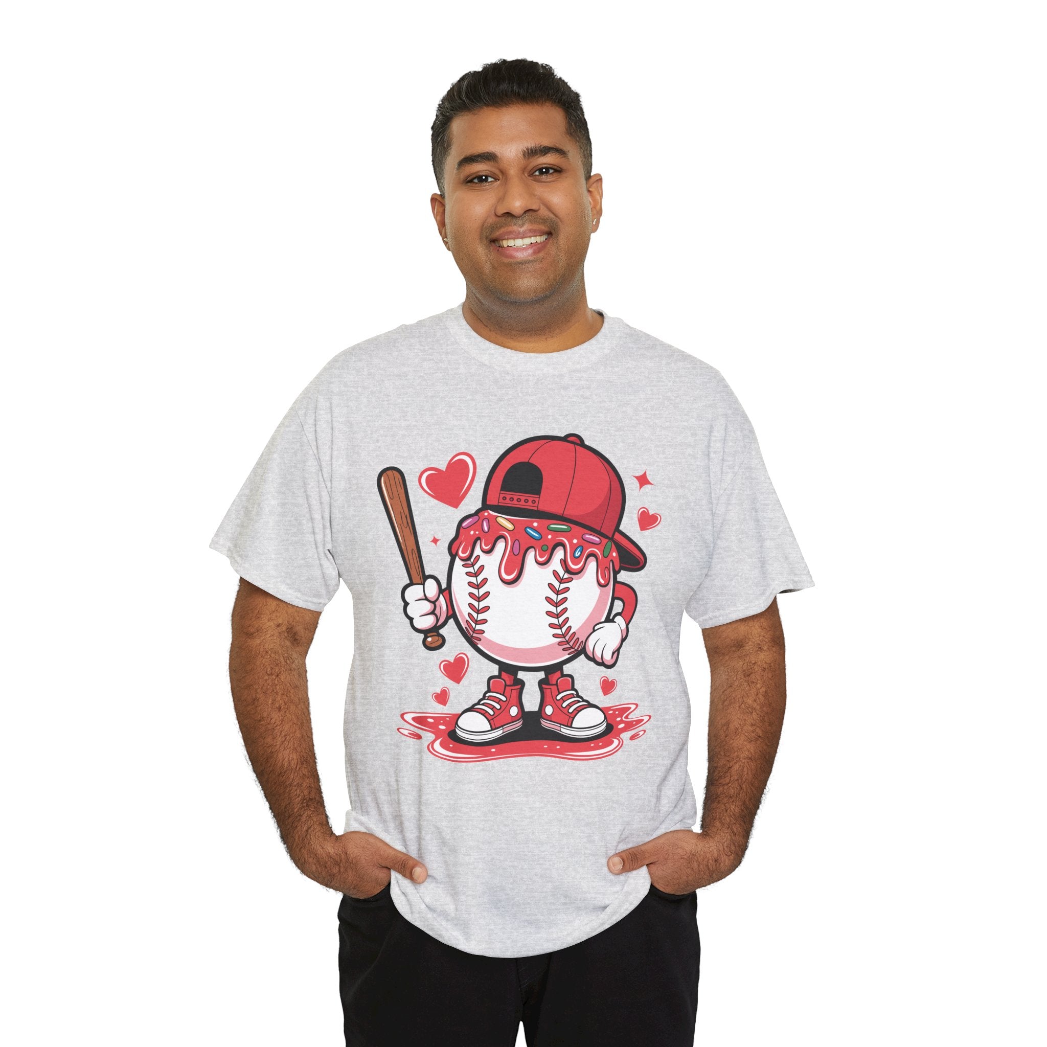 Cute Baseball Character T-Shirt — Red Cap & Icing Top Graphic with Hearts Unisex Cotton Tee
