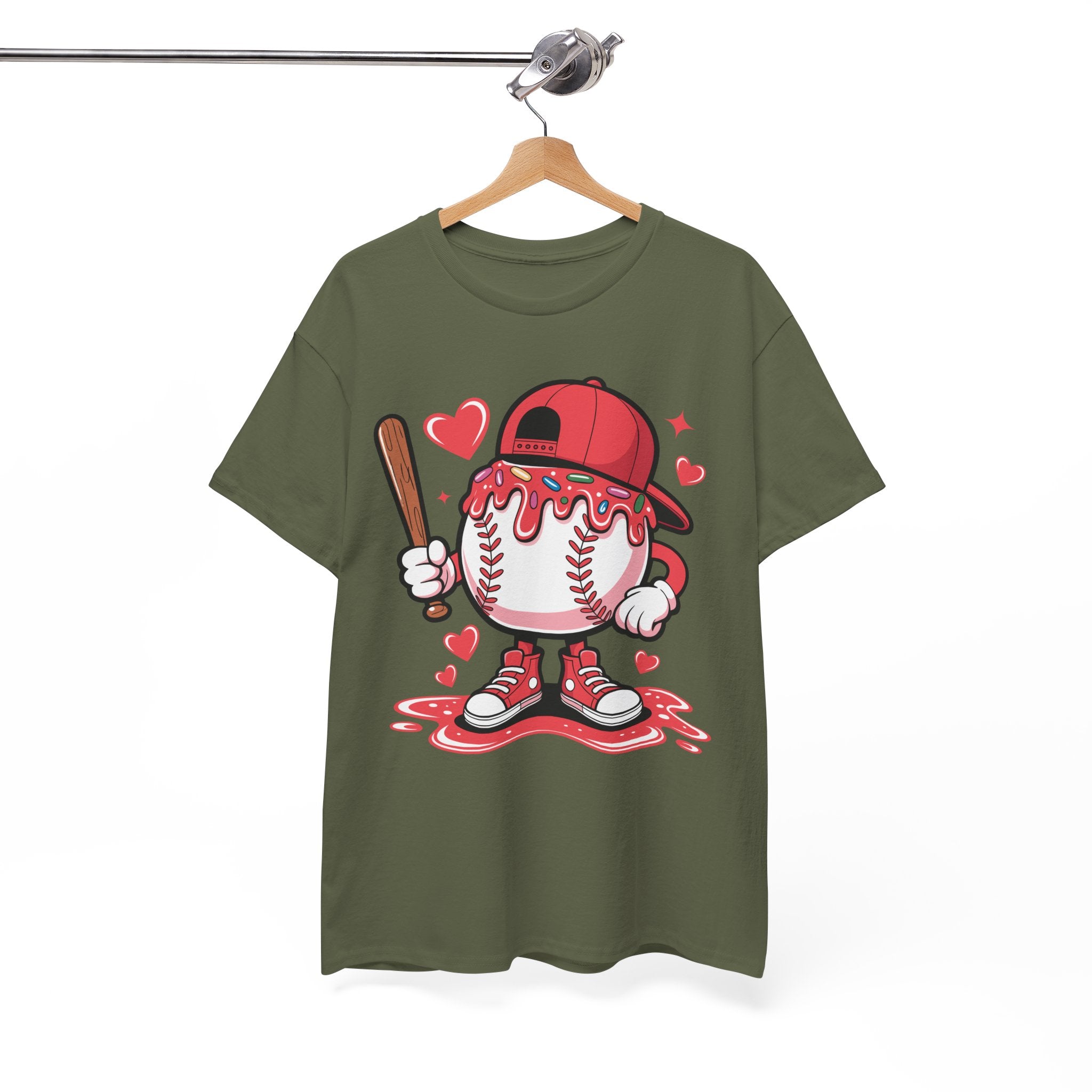 Cute Baseball Character T-Shirt — Red Cap & Icing Top Graphic with Hearts Unisex Cotton Tee