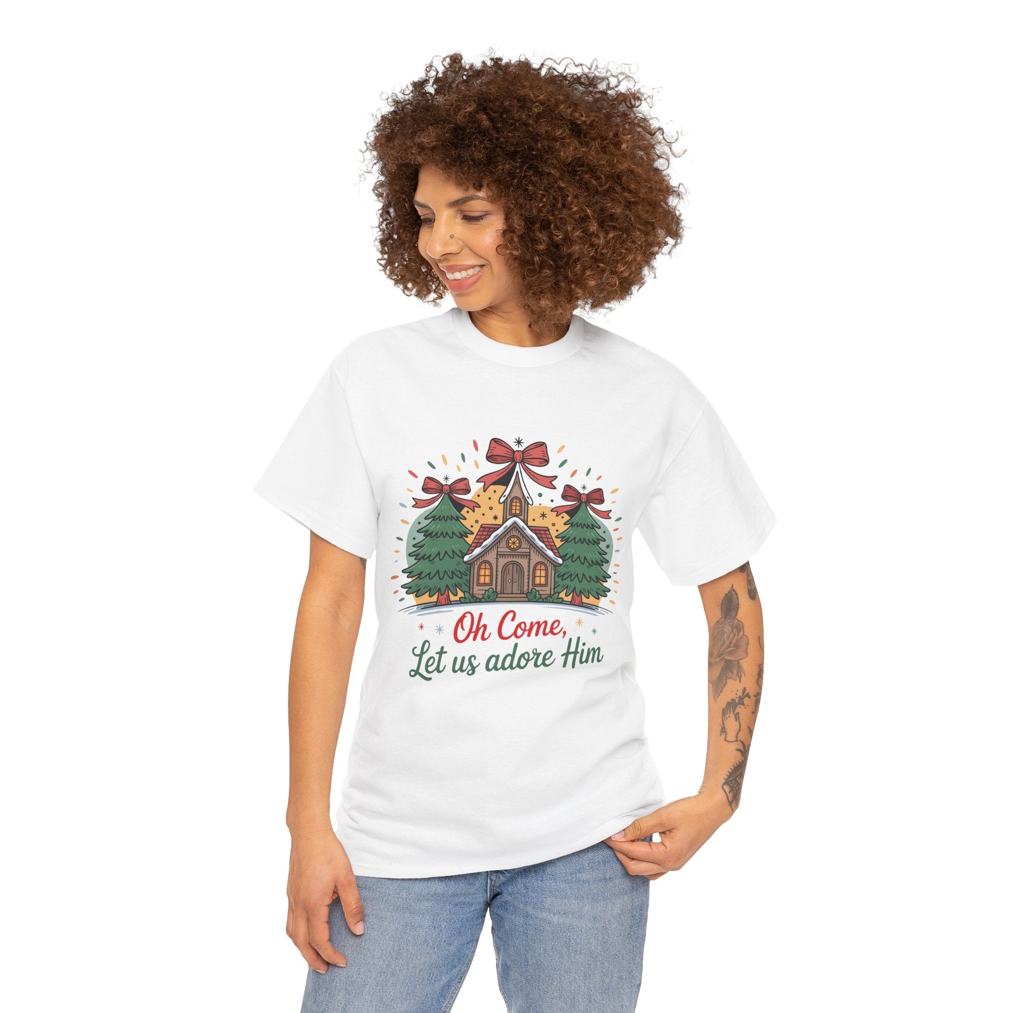 Oh Come Let Us Adore Him Christmas Tee — Church & Trees Holiday Unisex Cotton Tshirt