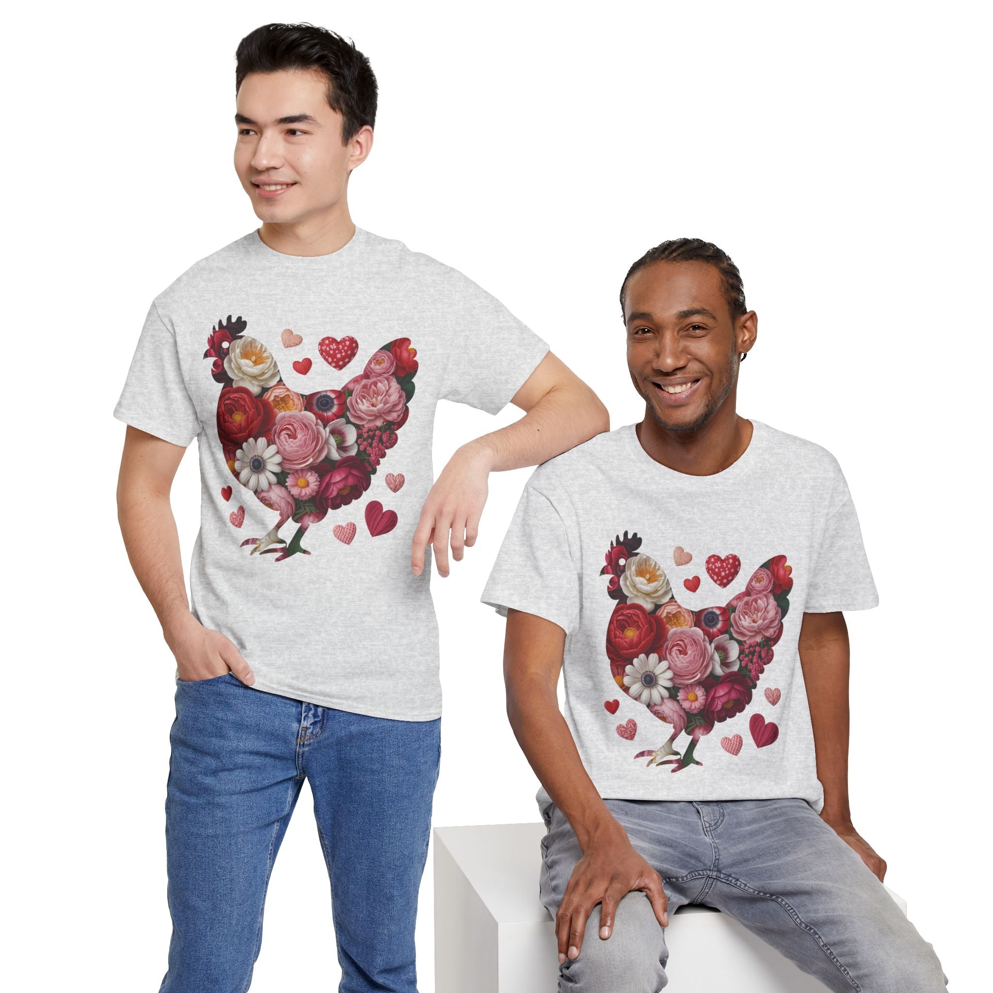 Floral Chicken Heart Tee — Red & Pink Flower Silhouette Unisex Cotton Tee