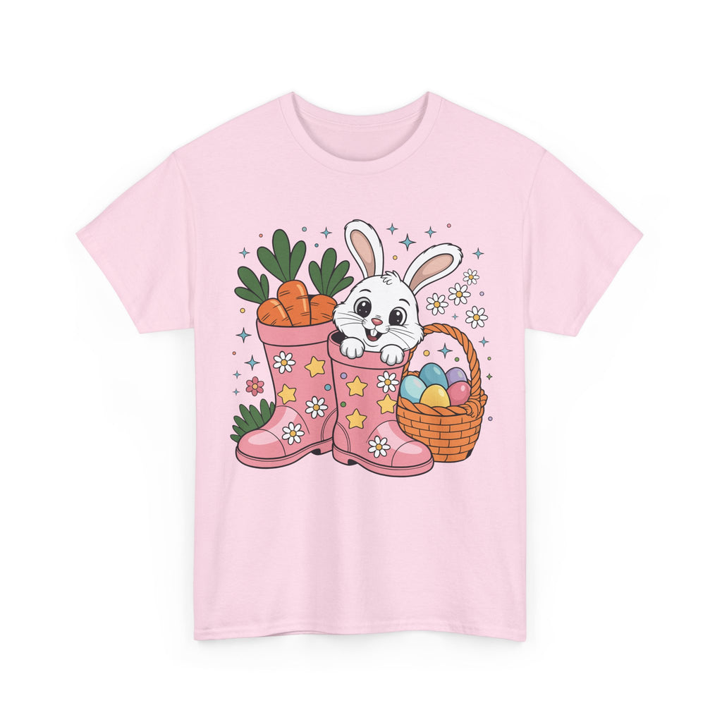 Easter Bunny in Pink Rain Boots T-Shirt — Cartoon Bunny, Carrots & Colorful Eggs Unisex Cotton Tee