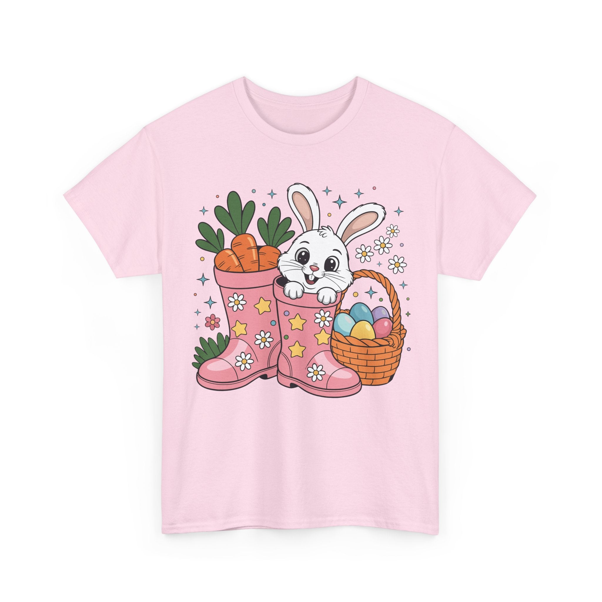 Easter Bunny in Pink Rain Boots T-Shirt — Cartoon Bunny, Carrots & Colorful Eggs Unisex Cotton Tee