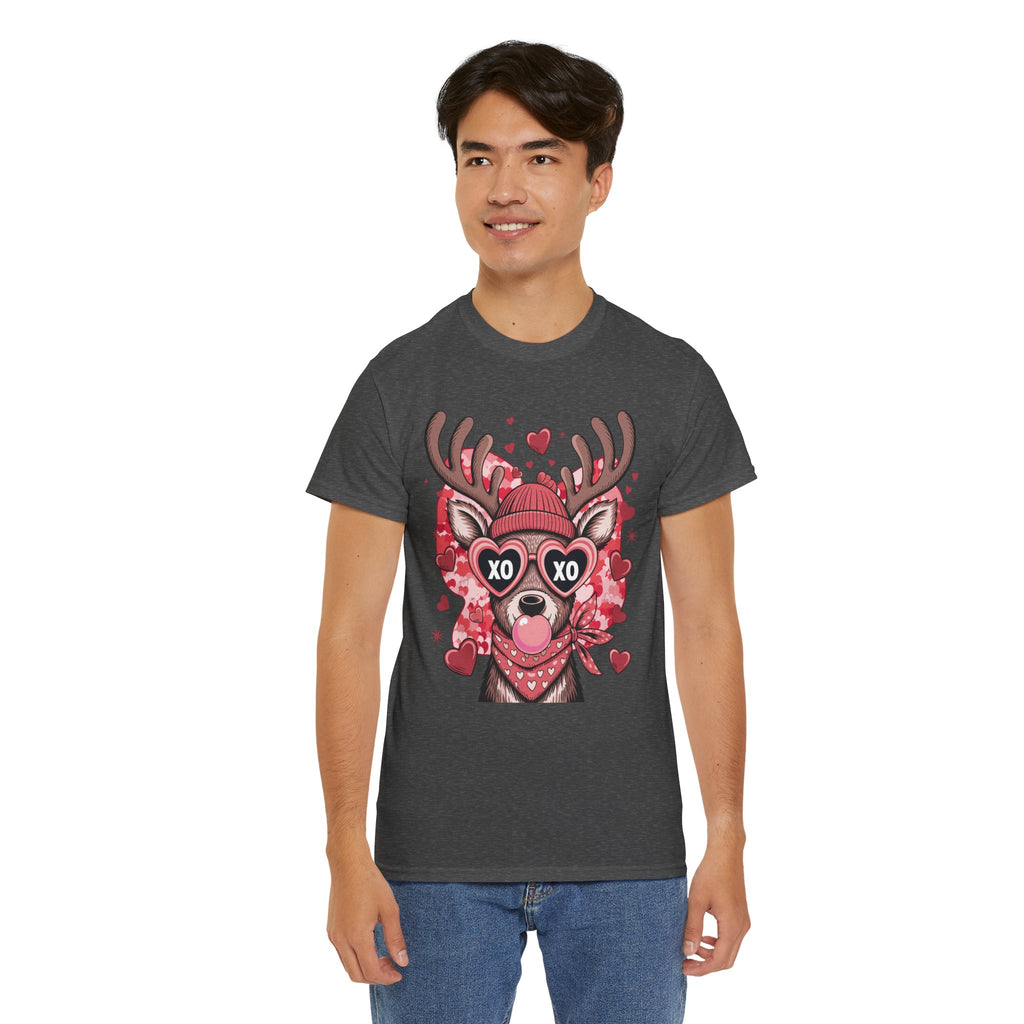 Valentine Deer Tee — Cute XO Heart Glasses, Beanie & Scarf Unisex Cotton Tshirt