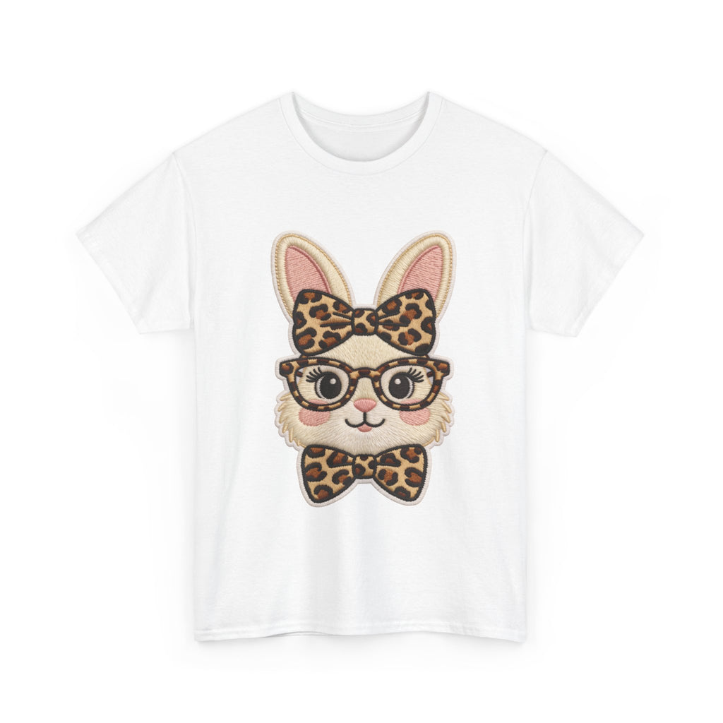 Leopard Bow Bunny Embroidered Tee — Cute Bunny Face with Glasses Patch Unisex Cotton Tee