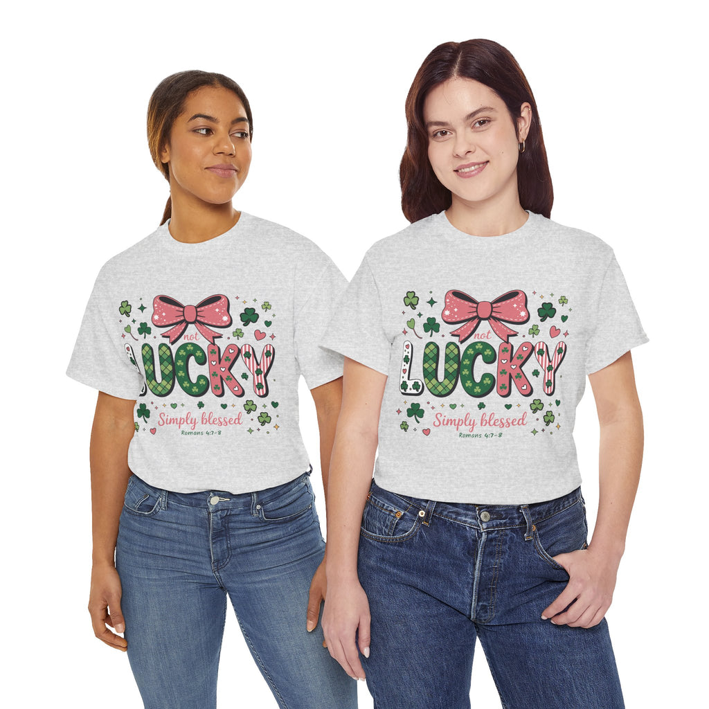 Simply Blessed Tee — “Not Lucky, Simply Blessed” with Pastel Bow, Clovers & Romans 4:7-8 Unisex Cotton Tee
