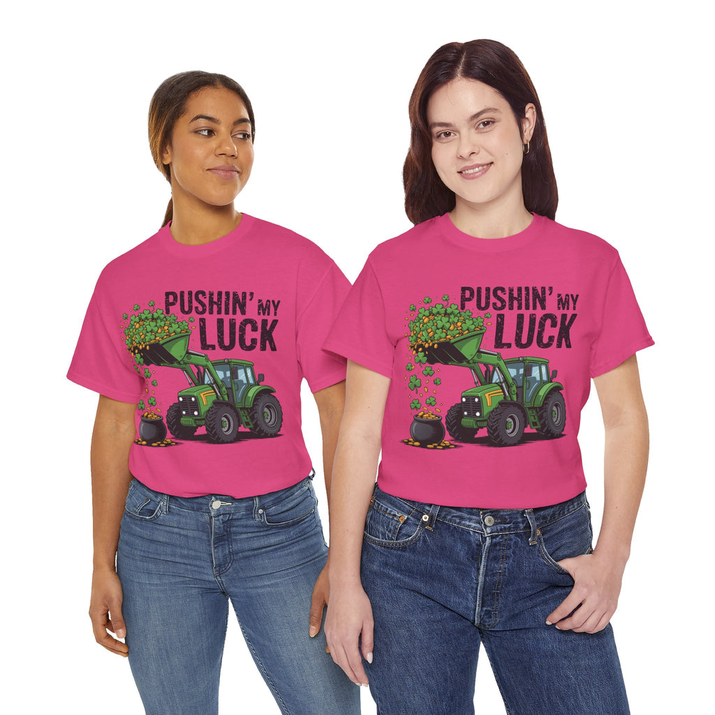 Pushin' My Luck Shamrock Tractor Tee — St. Patrick's Day Unisex Cotton T-Shirt