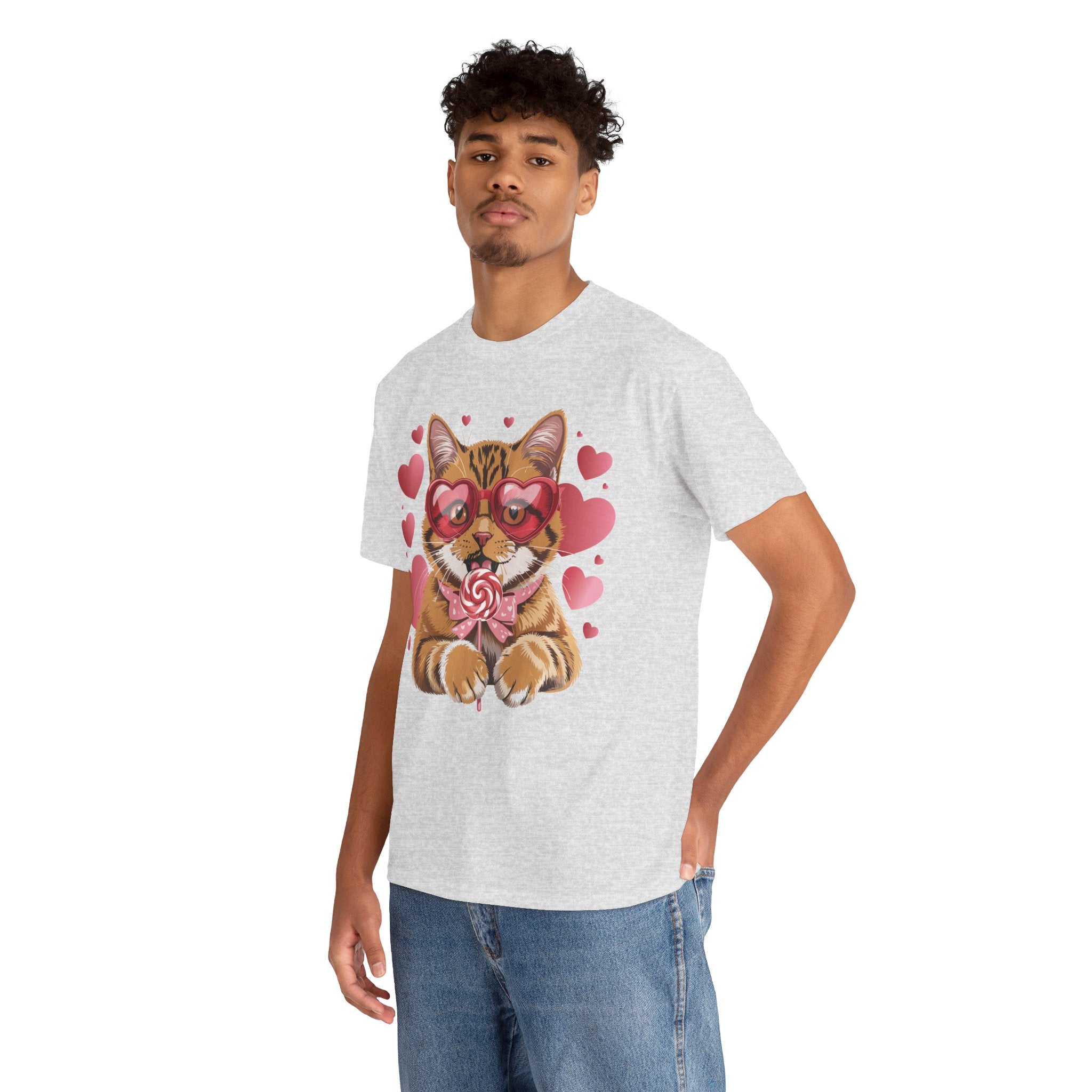 Valentine Cat Tee — Heart Glasses, Lollipop Bow Unisex Cotton Tee