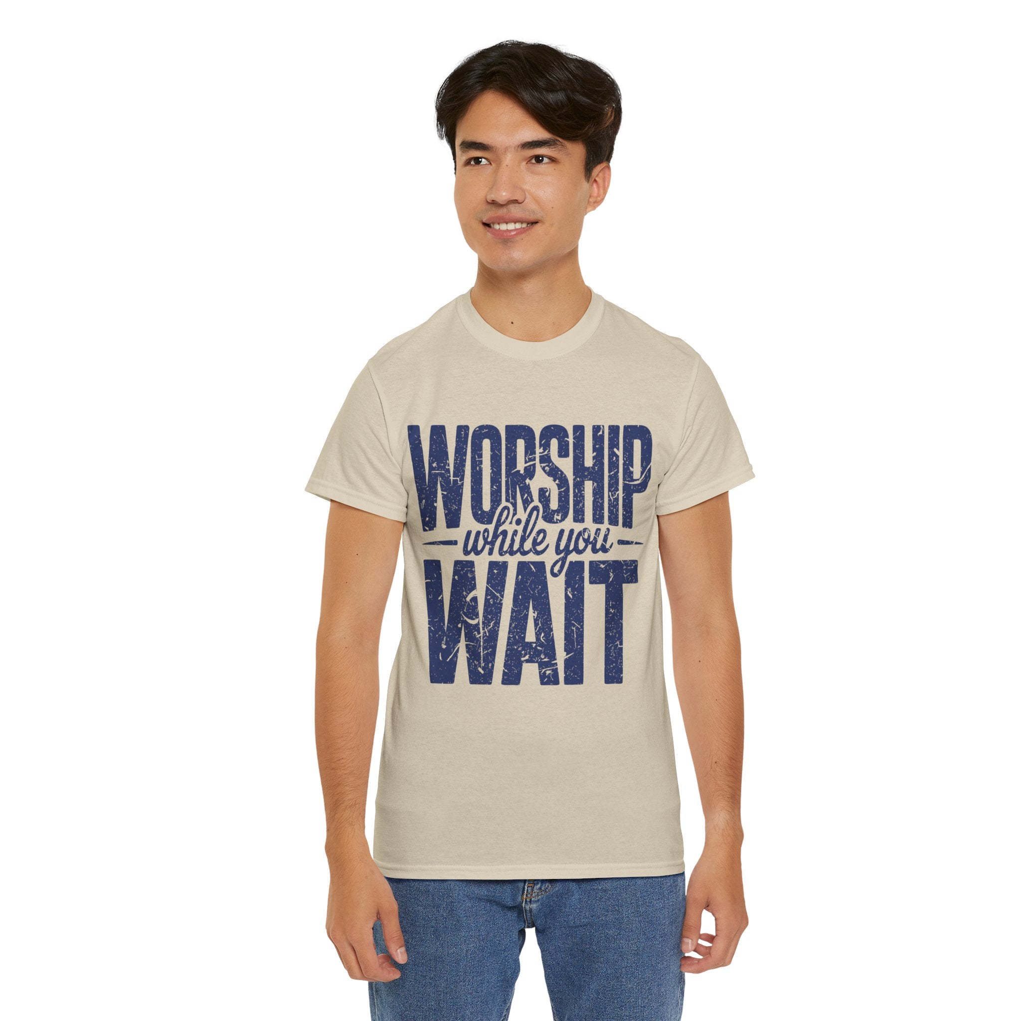Worship While You Wait T‑Shirt — Distressed Pastel Blue Faith Unisex Cotton Tee
