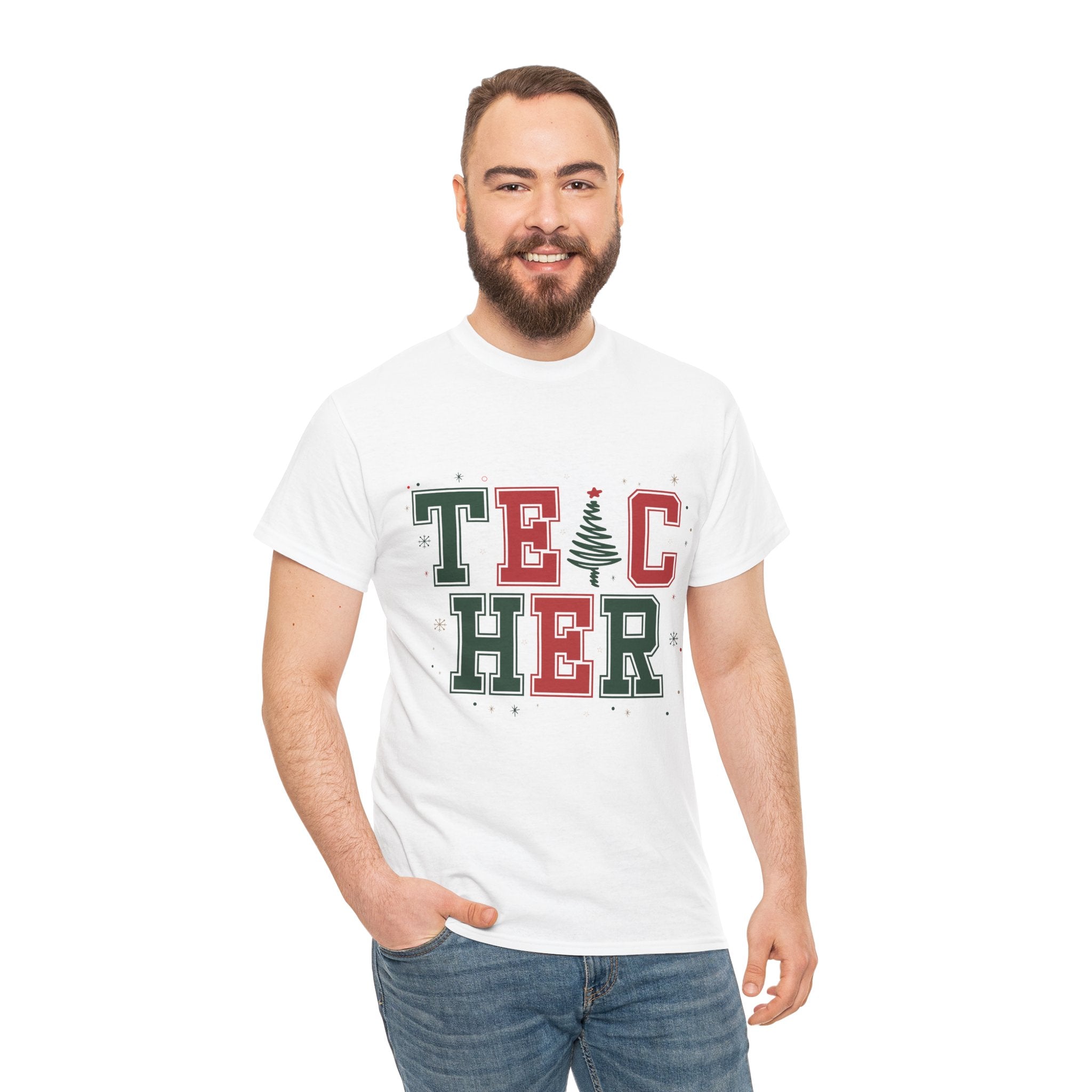 Teacher Christmas Varsity T-Shirt — Red & Green Holiday Unisex Cotton Tee
