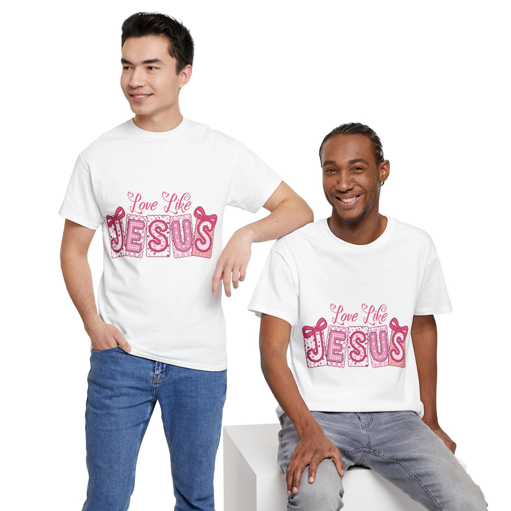 Love Like Jesus Patchwork Tee — Pink Stitched Heart Graphic.Unisex Cotton Tee