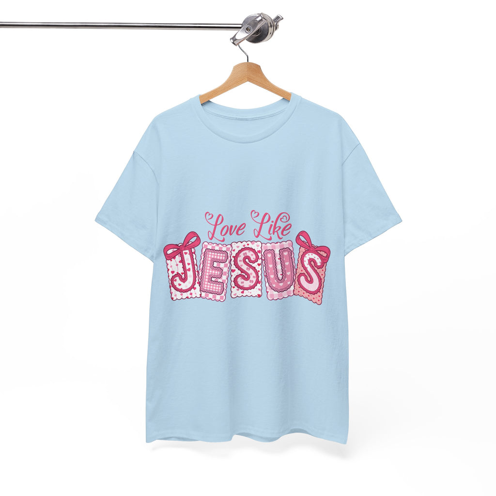 Love Like Jesus Patchwork Tee — Pink Stitched Heart Graphic.Unisex Cotton Tee