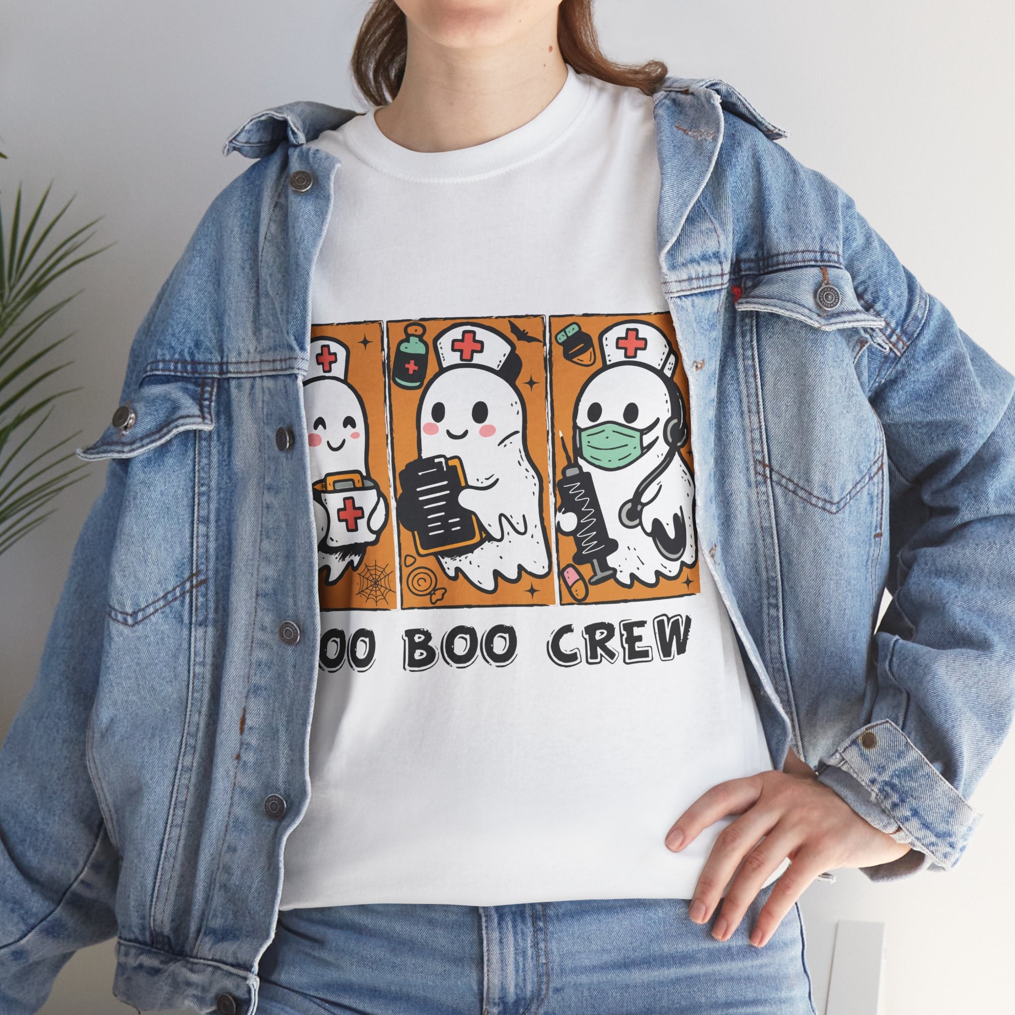 Halloween Nurse T-Shirt — Ghost Nurses Holding Medical Tools on Orange Unisec Cotton Tee