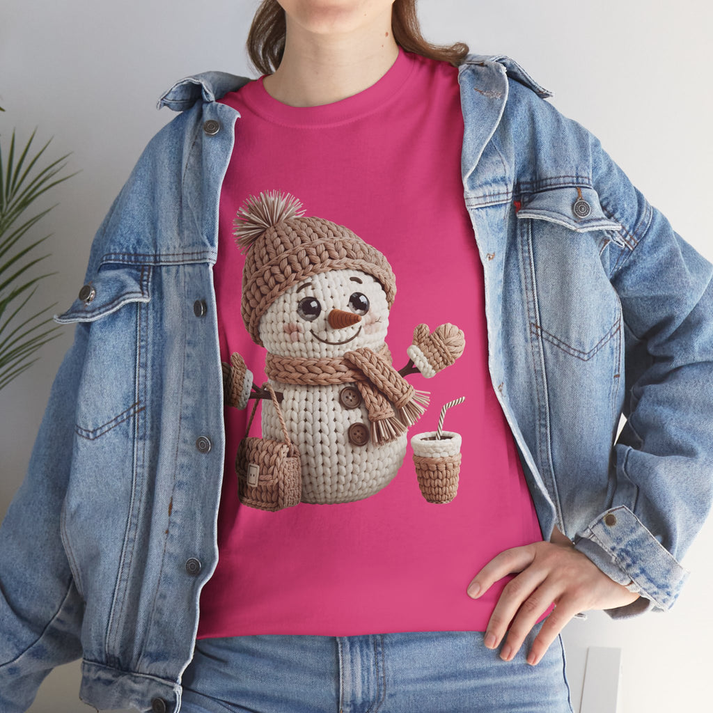 Snowman Knit‑Style Graphic Tee — Cute Faux‑Yarn Snowman with Hat, Scarf & Mittens.Unisex Cotton Tee