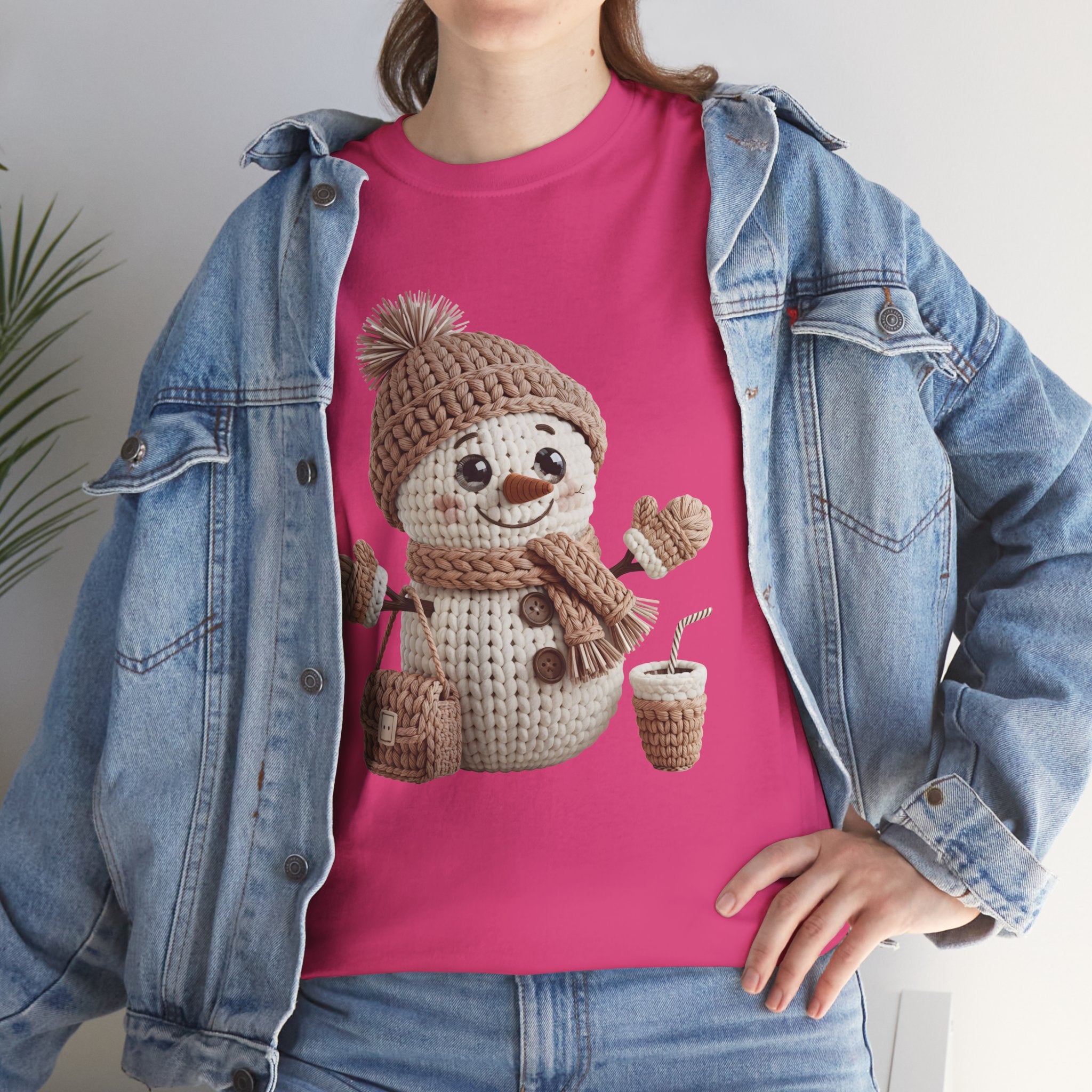 Snowman Knit‑Style Graphic Tee — Cute Faux‑Yarn Snowman with Hat, Scarf & Mittens.Unisex Cotton Tee