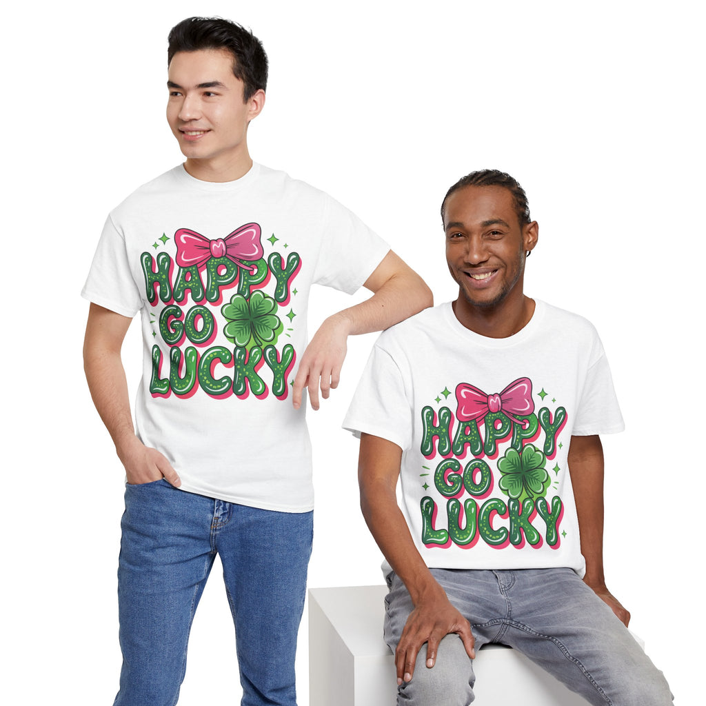 Happy Go Lucky Four-Leaf Clover Tee — Glossy Green Letters & Pink Bow Unisex Cotton Tee
