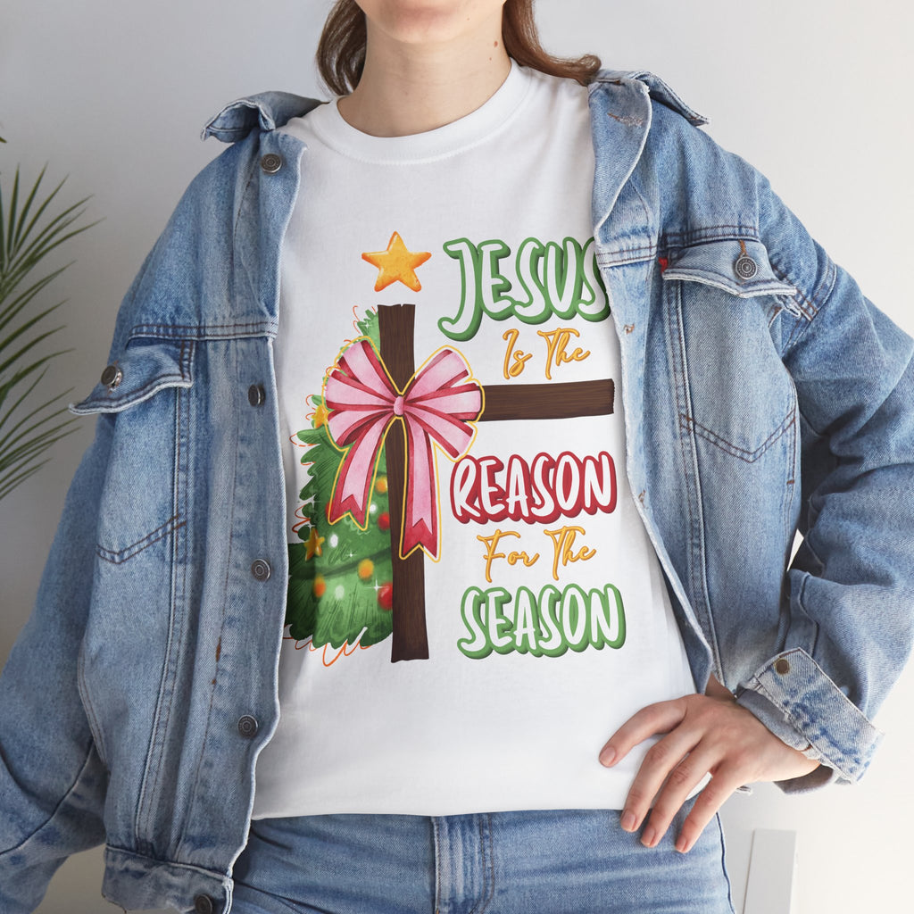 Jesus Is the Reason for the Season Christmas Tee — Cross with Pink Bow & Tree. Unisex Cotton Tee