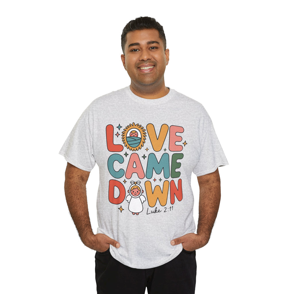 Love Came Down Christmas Tee — Baby Jesus Manger Angel (Luke 2:11)..Unisex Cotton Tee