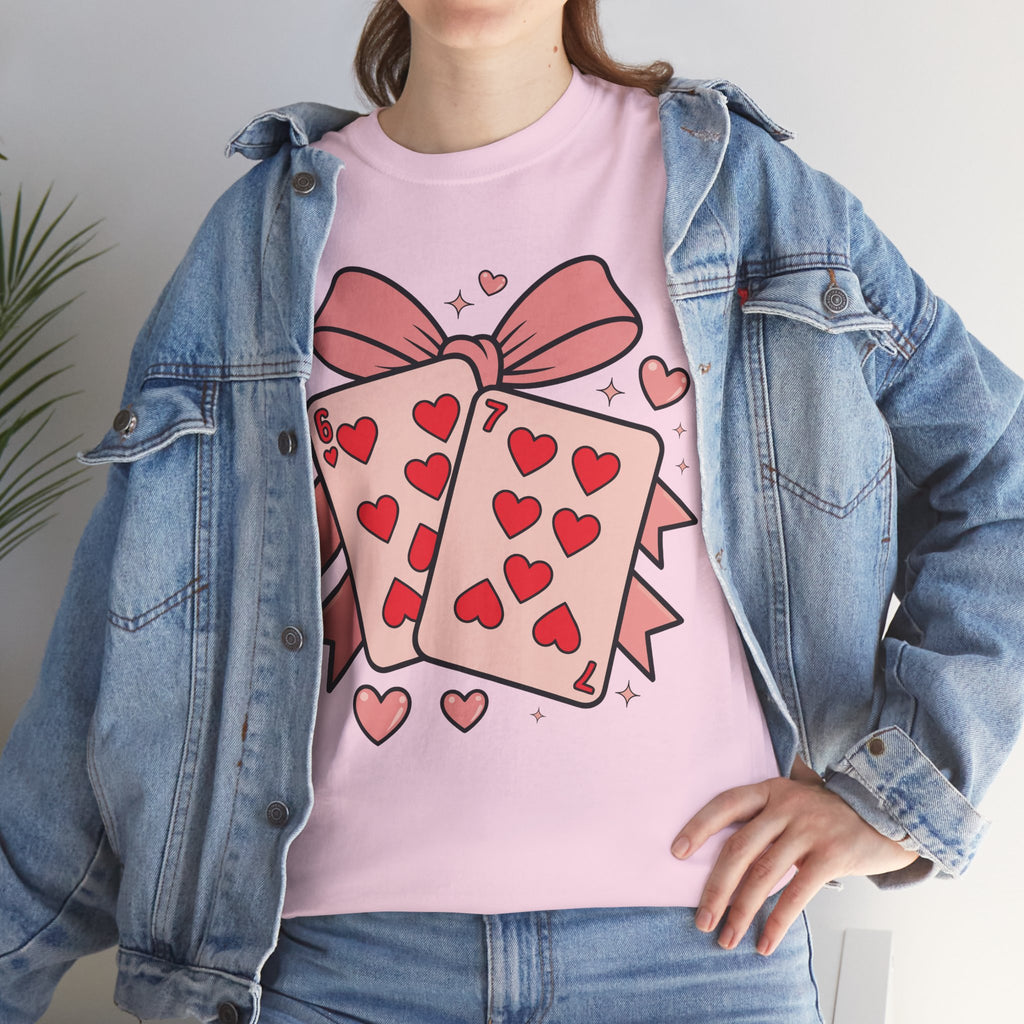 6 & 7 of Hearts T-Shirt — Paired Playing Cards with Pink Bow Unisex Cotton Tee