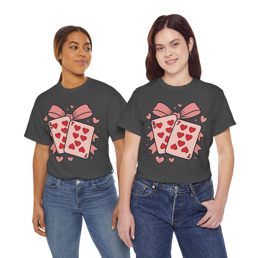 6 & 7 of Hearts T-Shirt — Paired Playing Cards with Pink Bow Unisex Cotton Tee