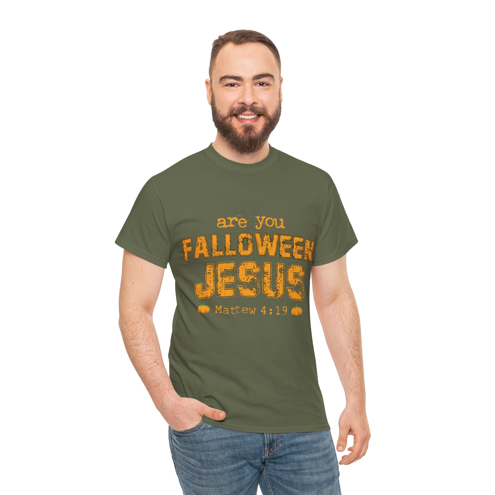 Christian Halloween T-Shirt — “Are You Falloween Jesus? Matthew 4:19” Distressed Pumpkin Design. Unisex Cotton Tee