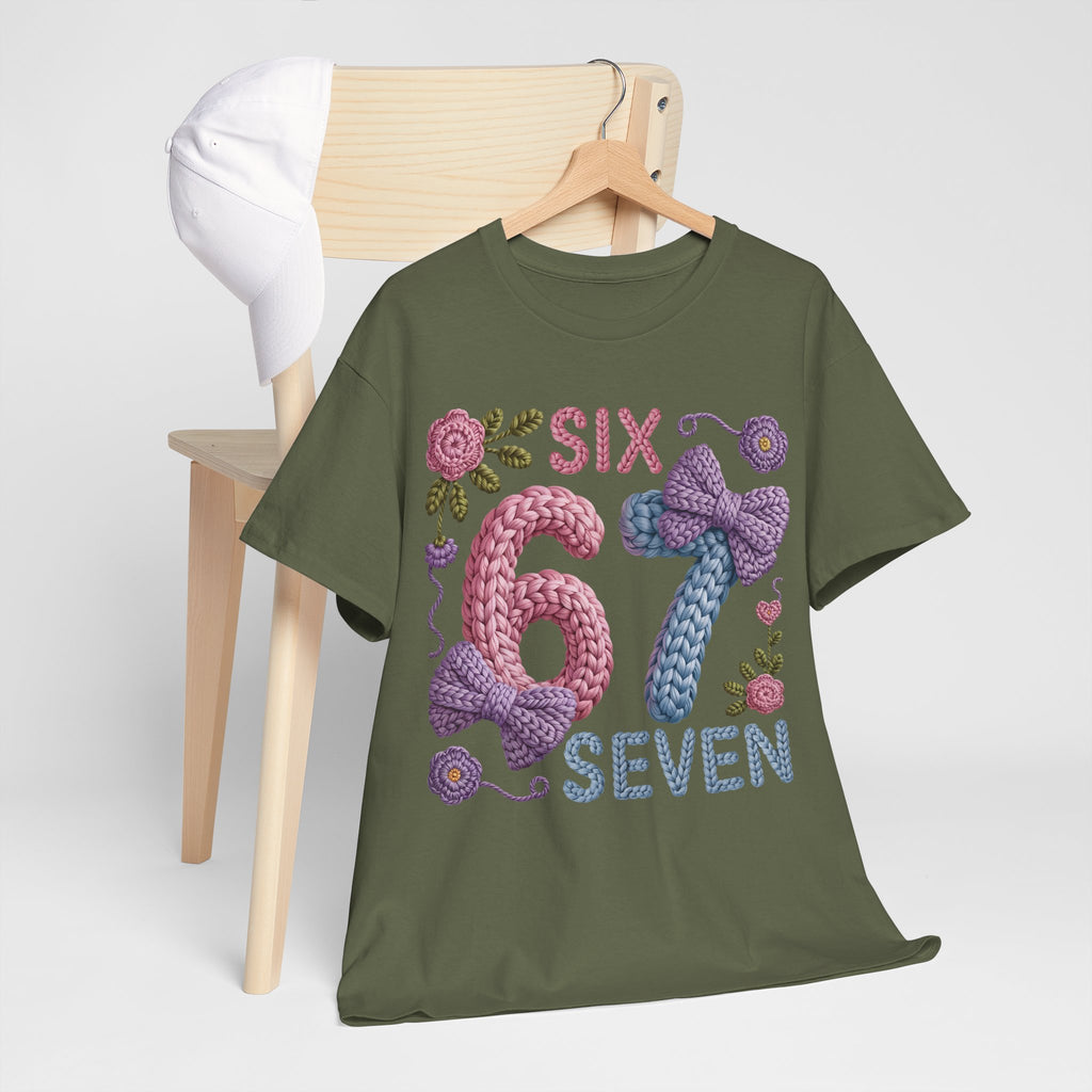 Pastel Crochet Numbers 6 & 7 Tee — Faux-Yarn Bows & Flowers. Unisex Cotton Tee