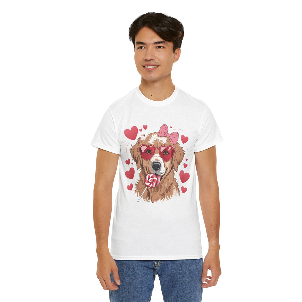 Valentine Dog T-Shirt — Cute Pup with Heart Glasses, Pink Bow & Lollipop..Unisex Cotton Tee