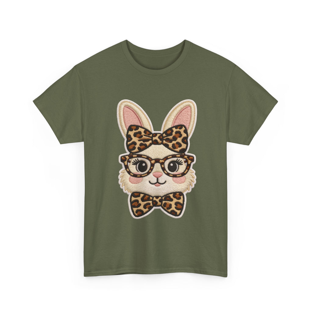 Leopard Bow Bunny Embroidered Tee — Cute Bunny Face with Glasses Patch Unisex Cotton Tee