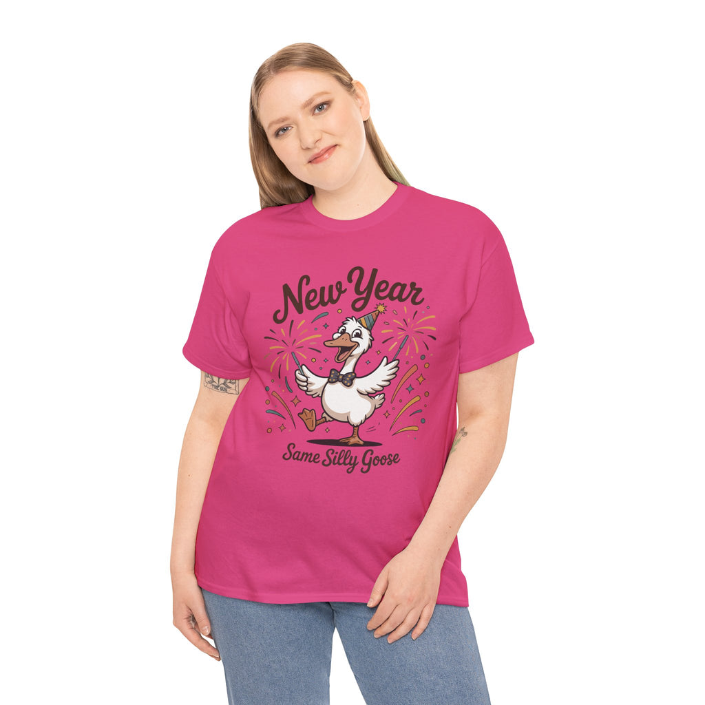 Happy Goose New Year T-Shirt — Party Hat, Fireworks & Confetti Unisex Cotton Tee