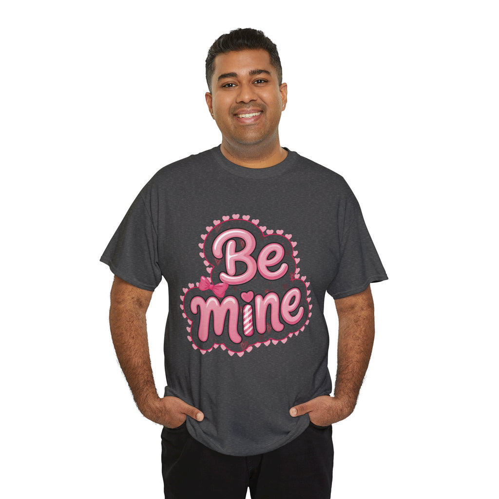 Be Mine Valentine T-Shirt — Pink Bubble Letters with Hearts & Bow..Unisex Cotton Tee