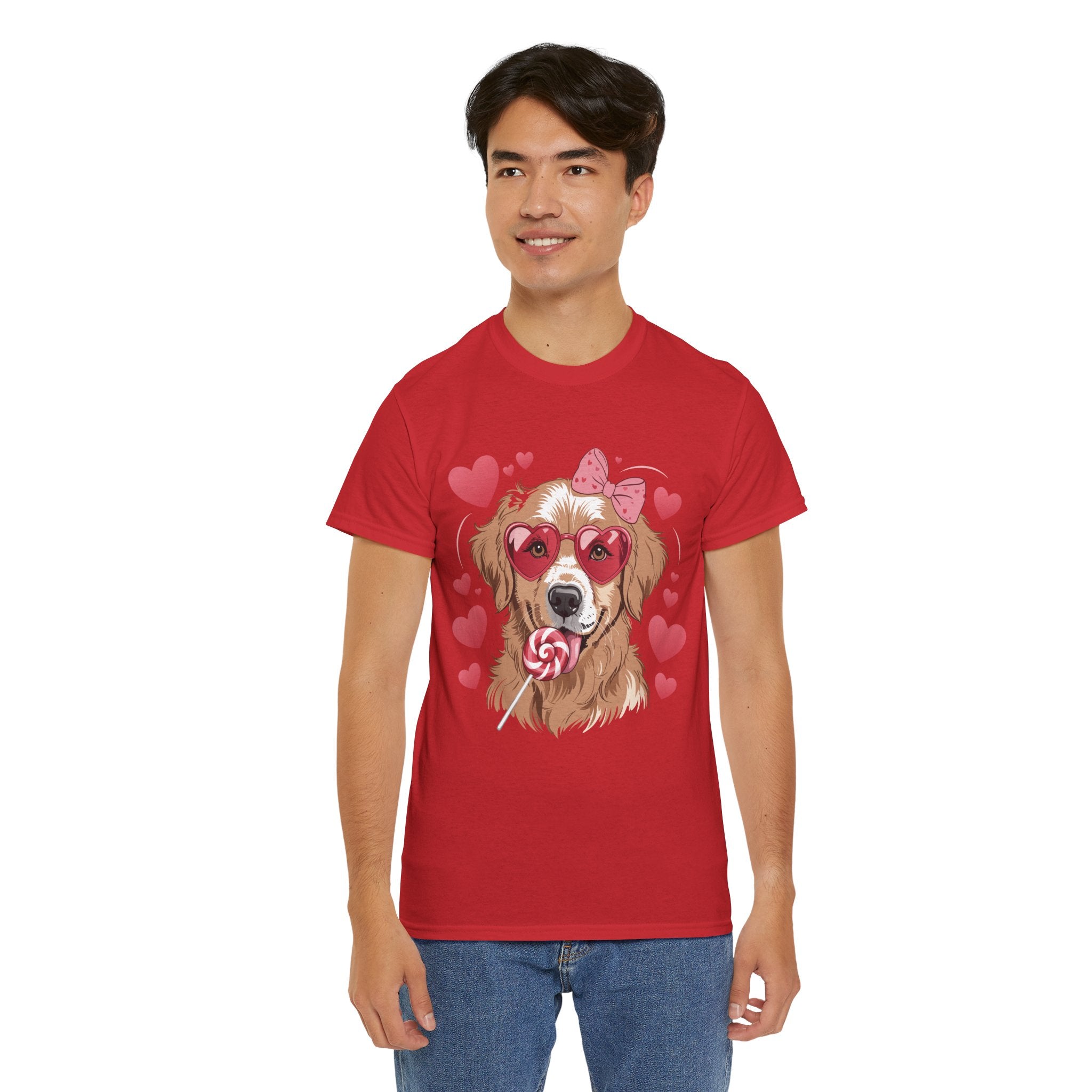 Valentine Dog T-Shirt — Cute Pup with Heart Glasses, Pink Bow & Lollipop..Unisex Cotton Tee