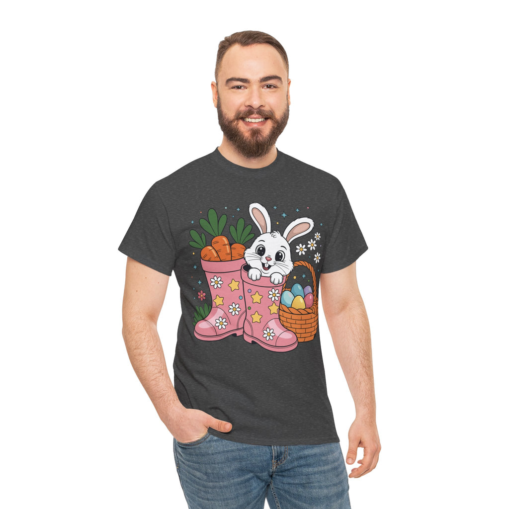 Easter Bunny in Pink Rain Boots T-Shirt — Cartoon Bunny, Carrots & Colorful Eggs Unisex Cotton Tee