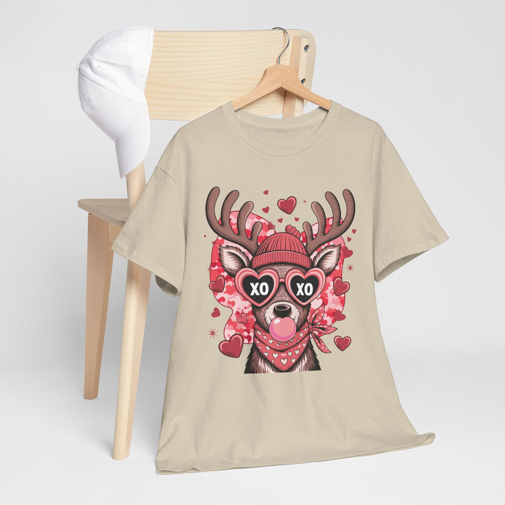 Valentine Deer Tee — Cute XO Heart Glasses, Beanie & Scarf Unisex Cotton Tshirt
