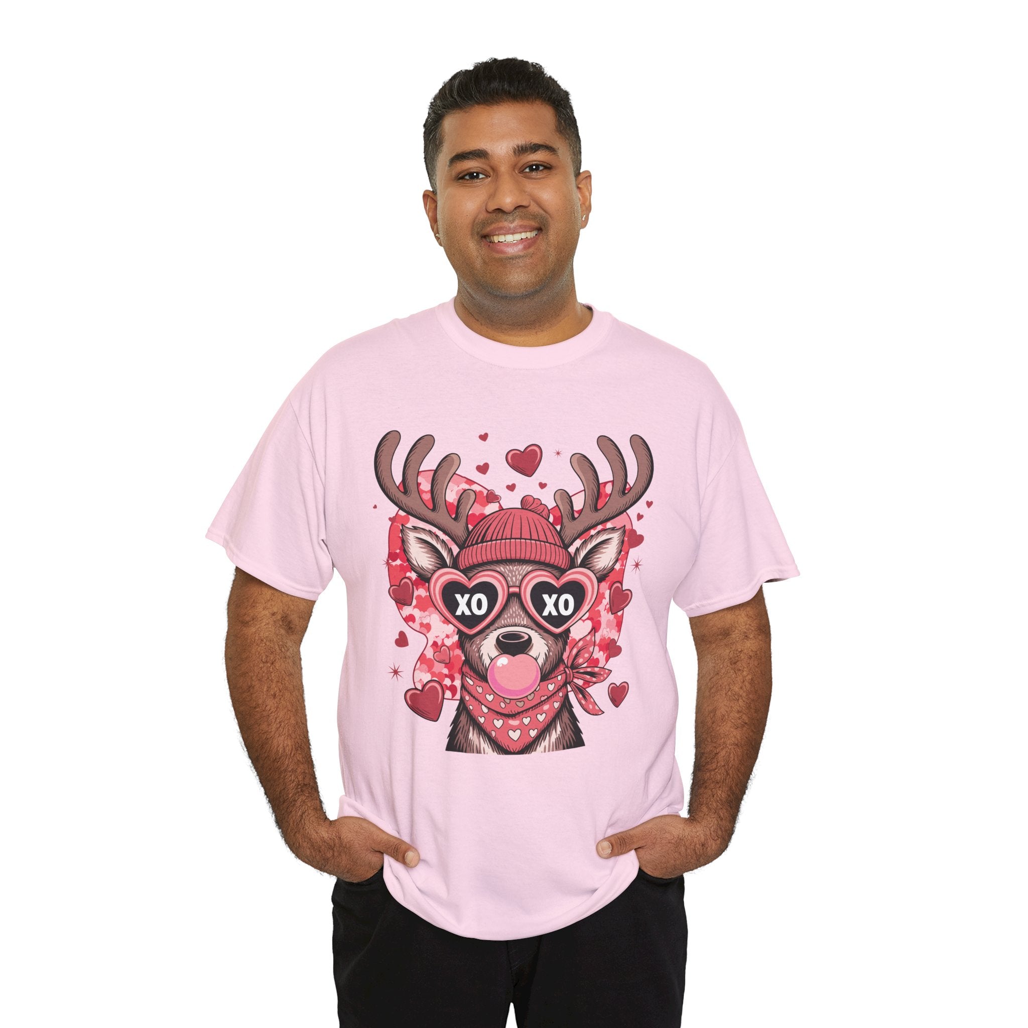 Valentine Deer Tee — Cute XO Heart Glasses, Beanie & Scarf Unisex Cotton Tshirt