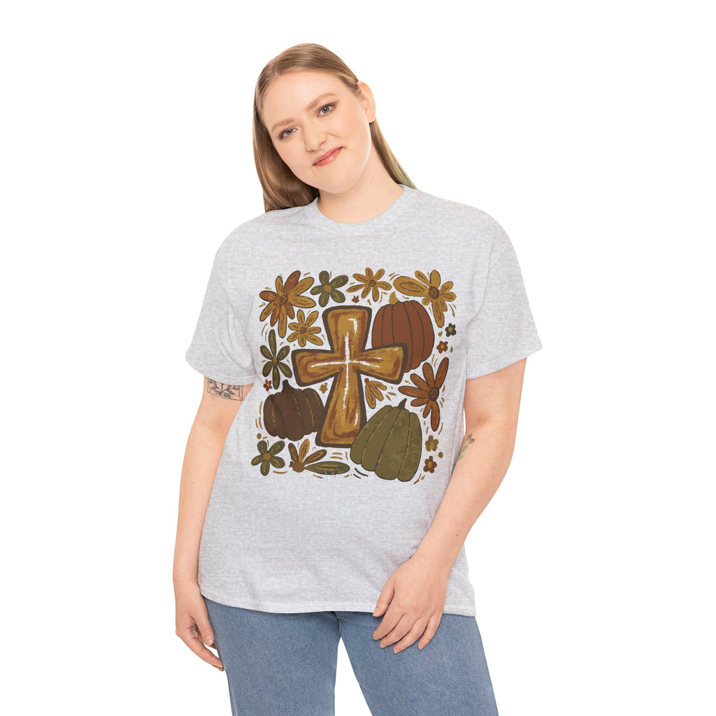 Autumn Cross Tee — Rustic Pumpkin & Fall Floral Christian Unisaex Cotton T-Shirt