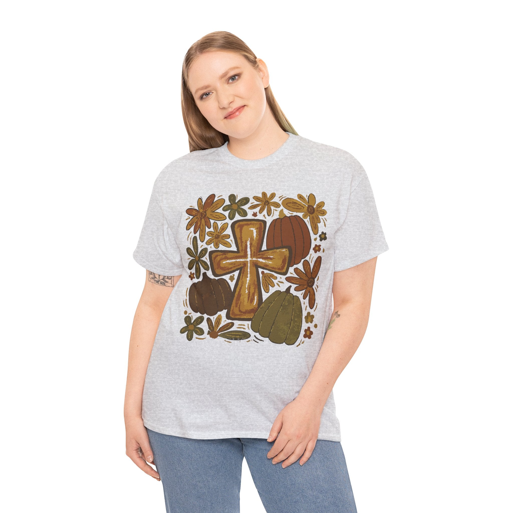 Autumn Cross Tee — Rustic Pumpkin & Fall Floral Christian Unisaex Cotton T-Shirt