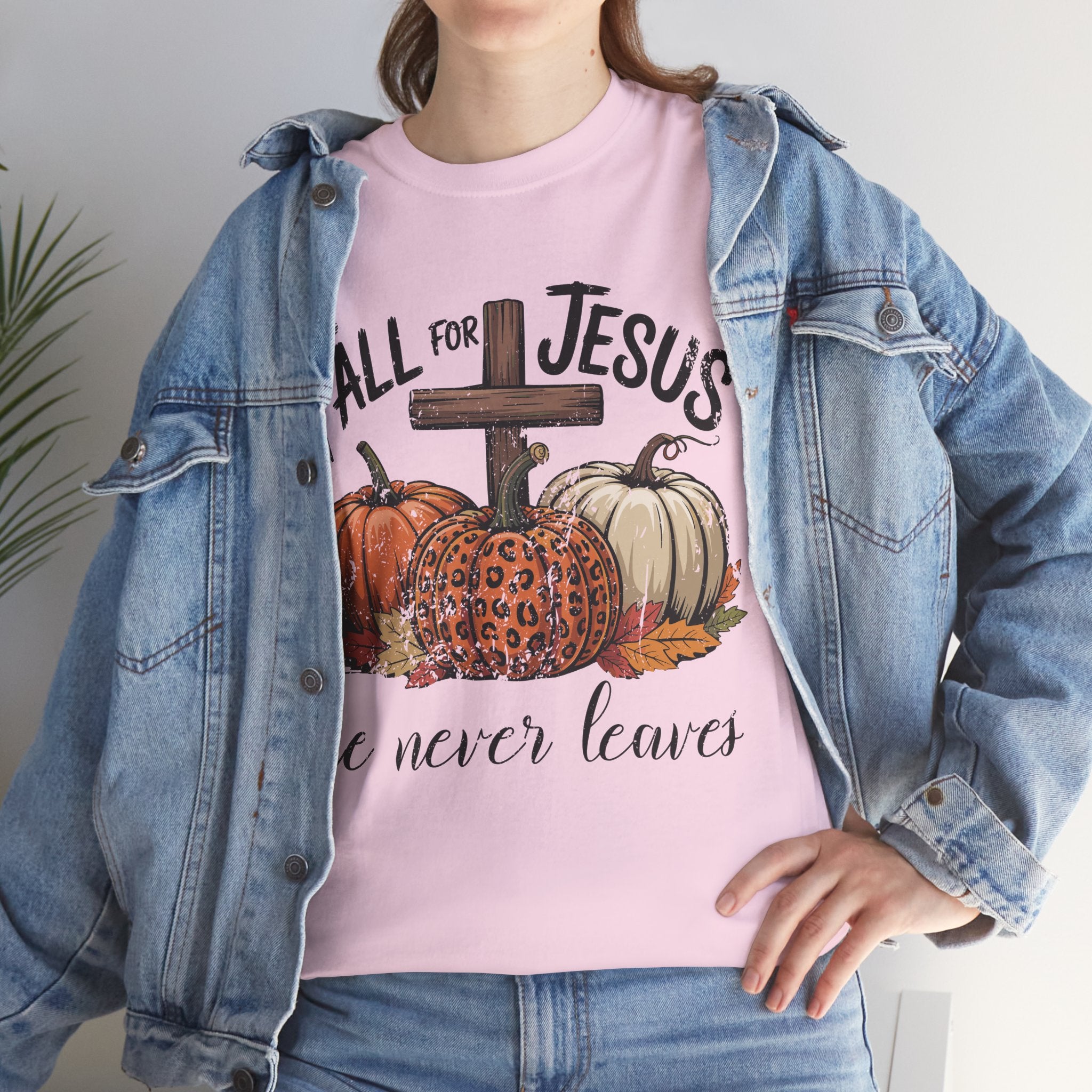 Fall for Jesus Pumpkin Cross Tee — "He Never Leaves" Autumn Christian Unisex Cotton T-Shirt