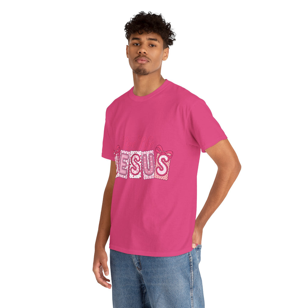 Love Like Jesus Patchwork Tee — Pink Stitched Heart Graphic.Unisex Cotton Tee
