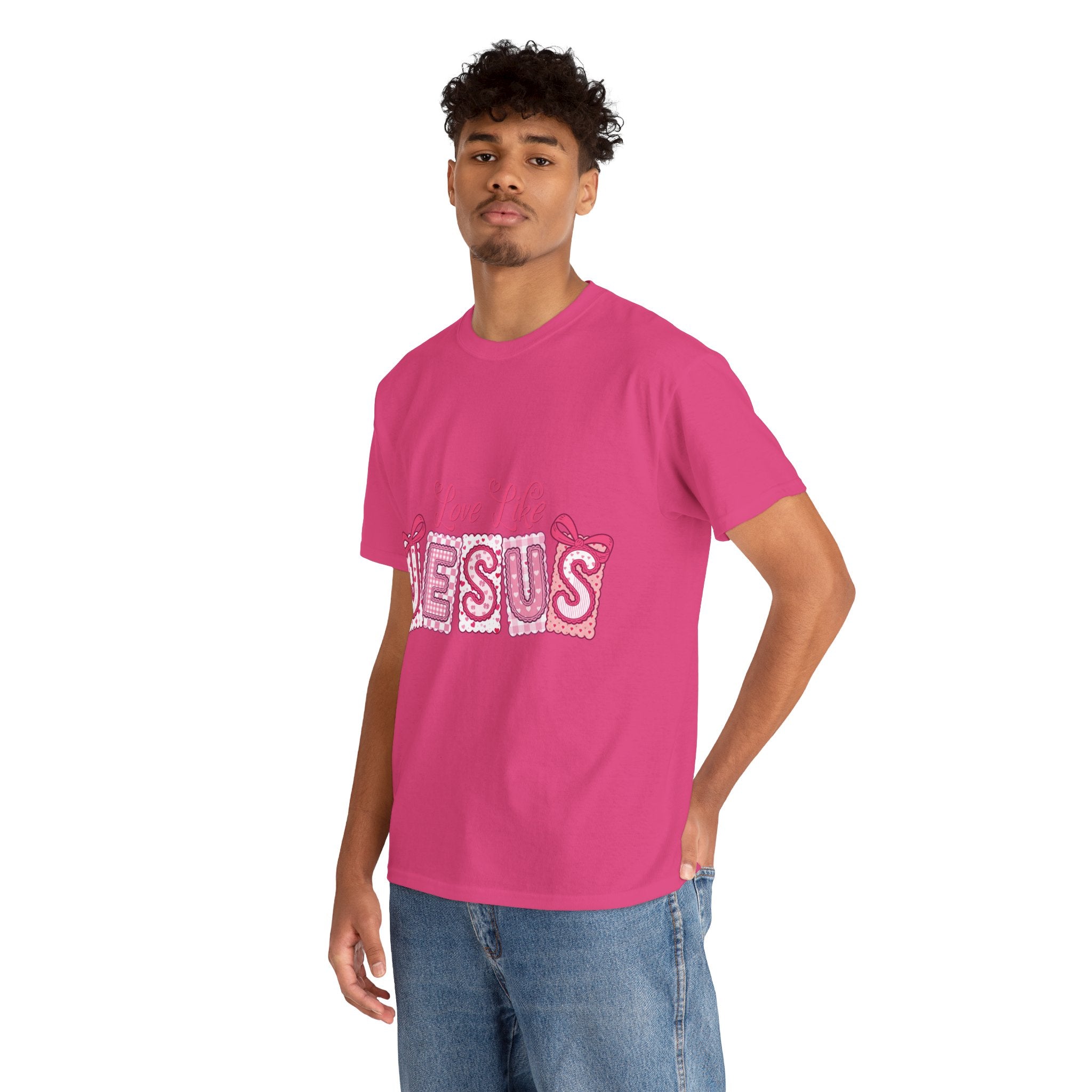 Love Like Jesus Patchwork Tee — Pink Stitched Heart Graphic.Unisex Cotton Tee