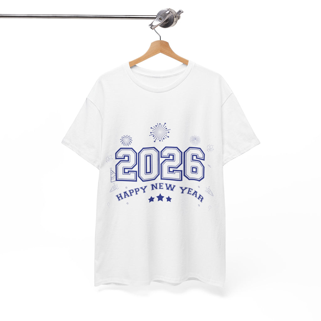 Happy New Year 2026 Varsity Tee — Fireworks & Confetti Celebration Unisex Cotton Tee